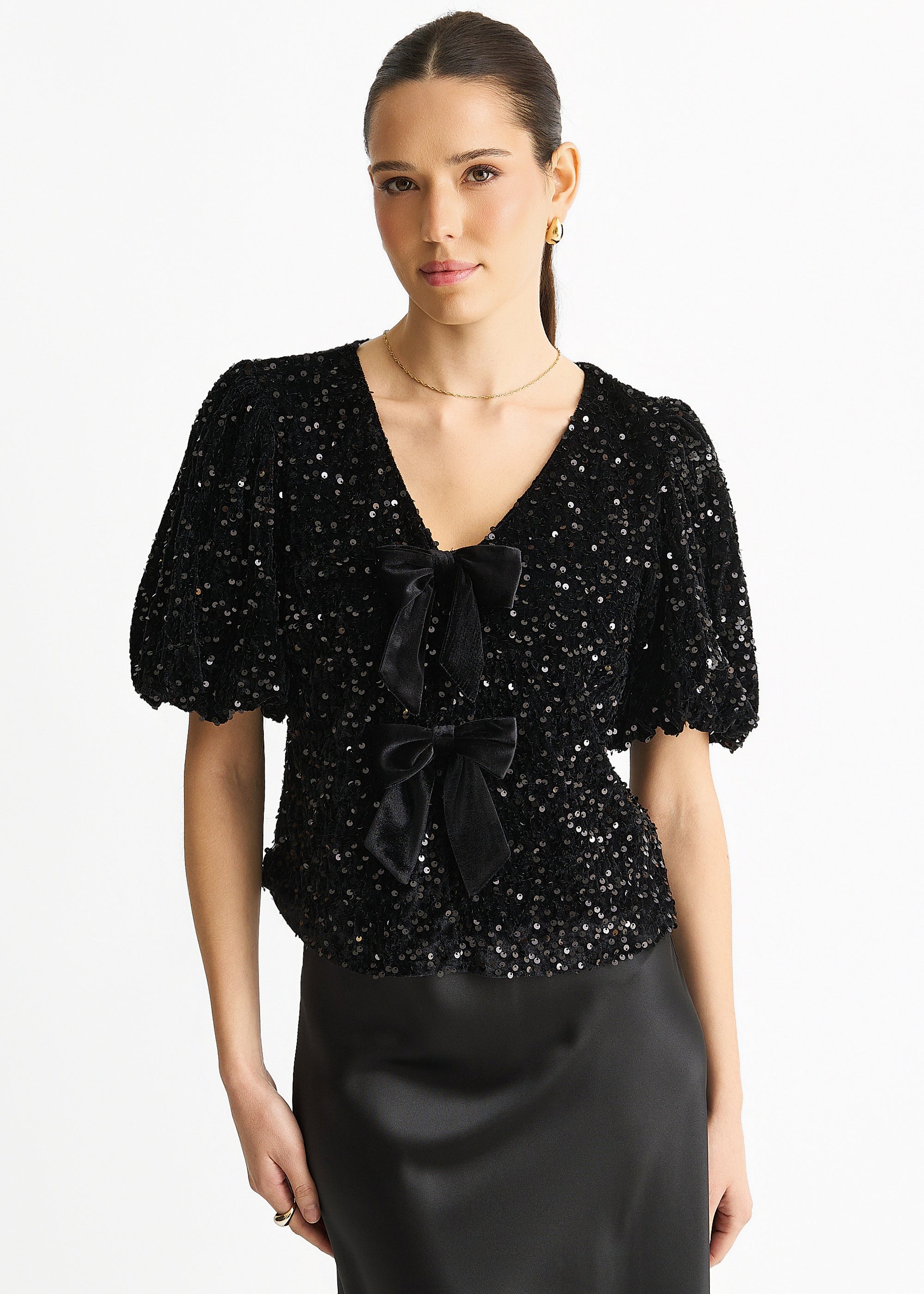 Black Velvet Sequin Bow Front Bubble Sleeve Top
