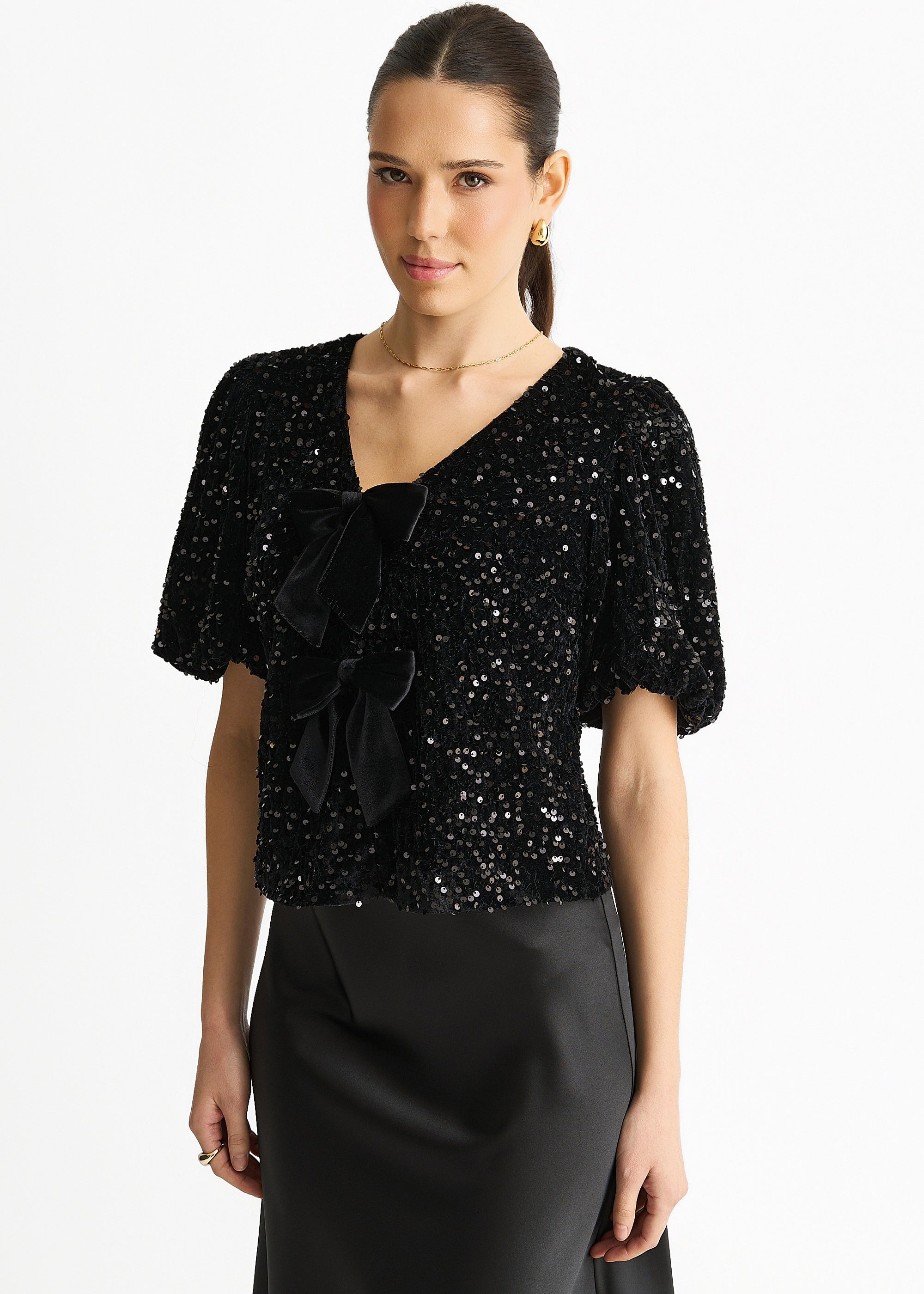 Black Velvet Sequin Bow Front Bubble Sleeve Top