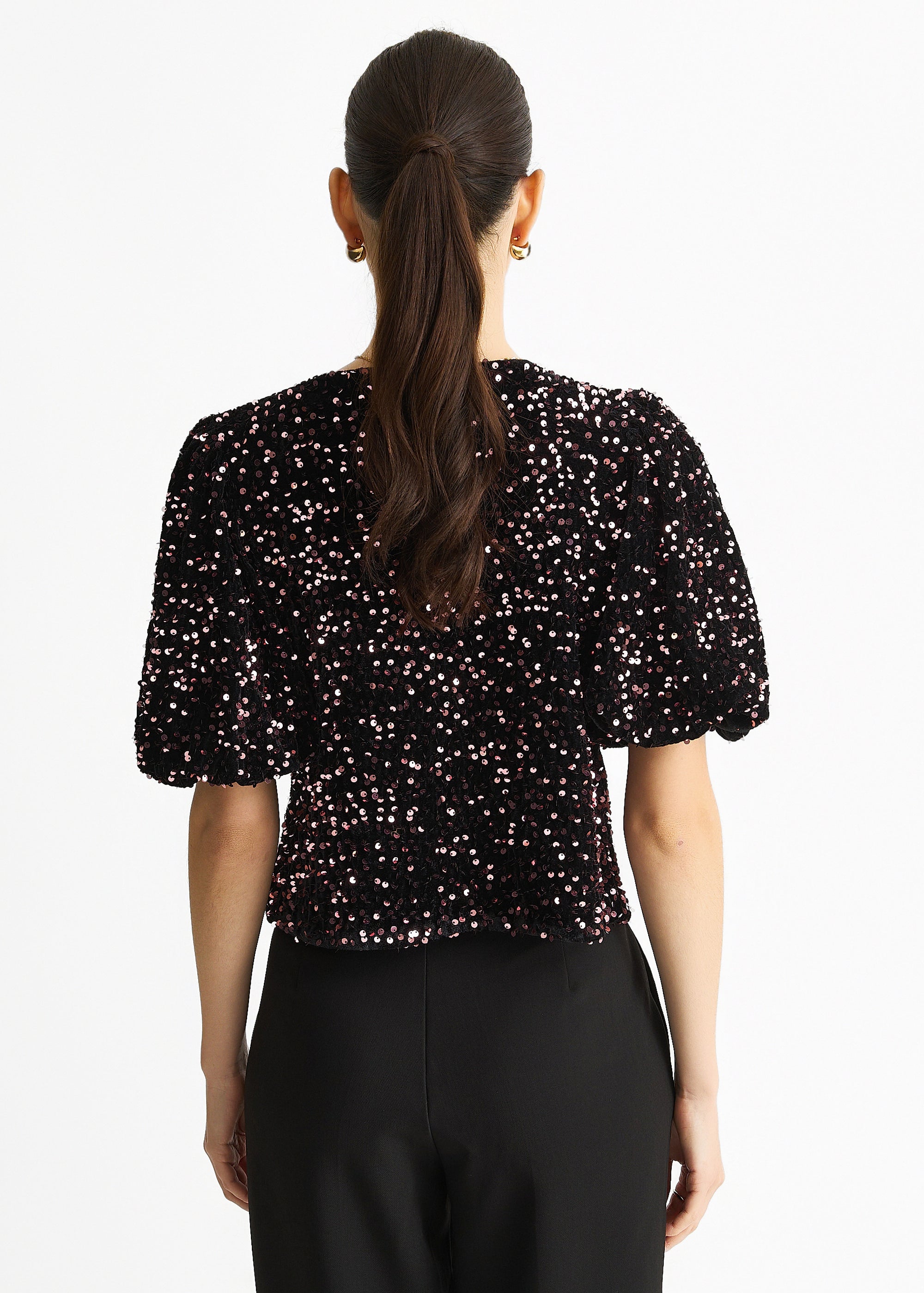 Purple Velvet Sequin Bow Front Bubble Sleeve Top