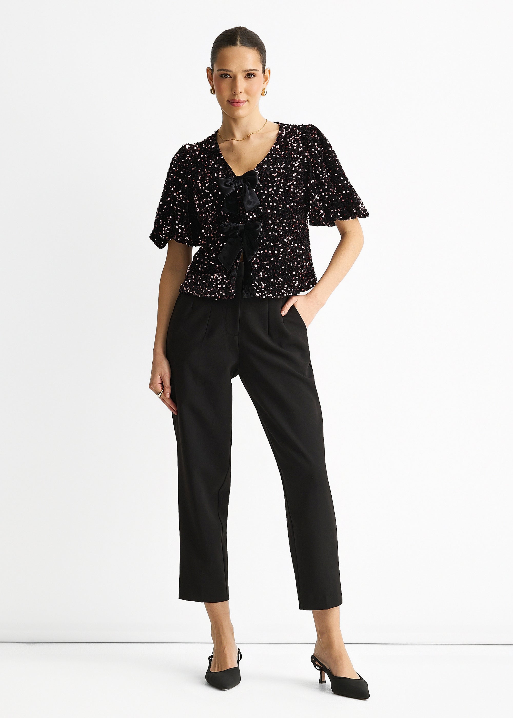 Purple Velvet Sequin Bow Front Bubble Sleeve Top