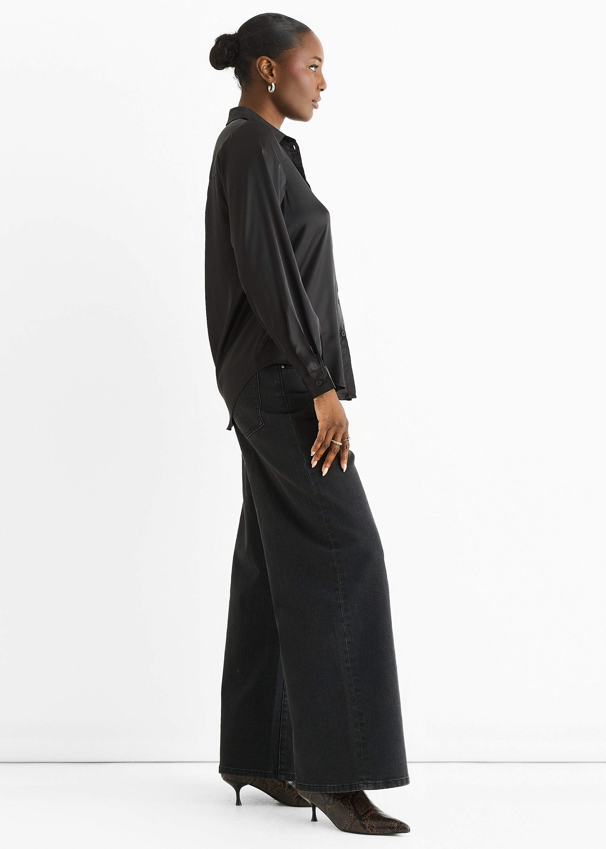 Black Satin Loose Fit Button Through Shirt