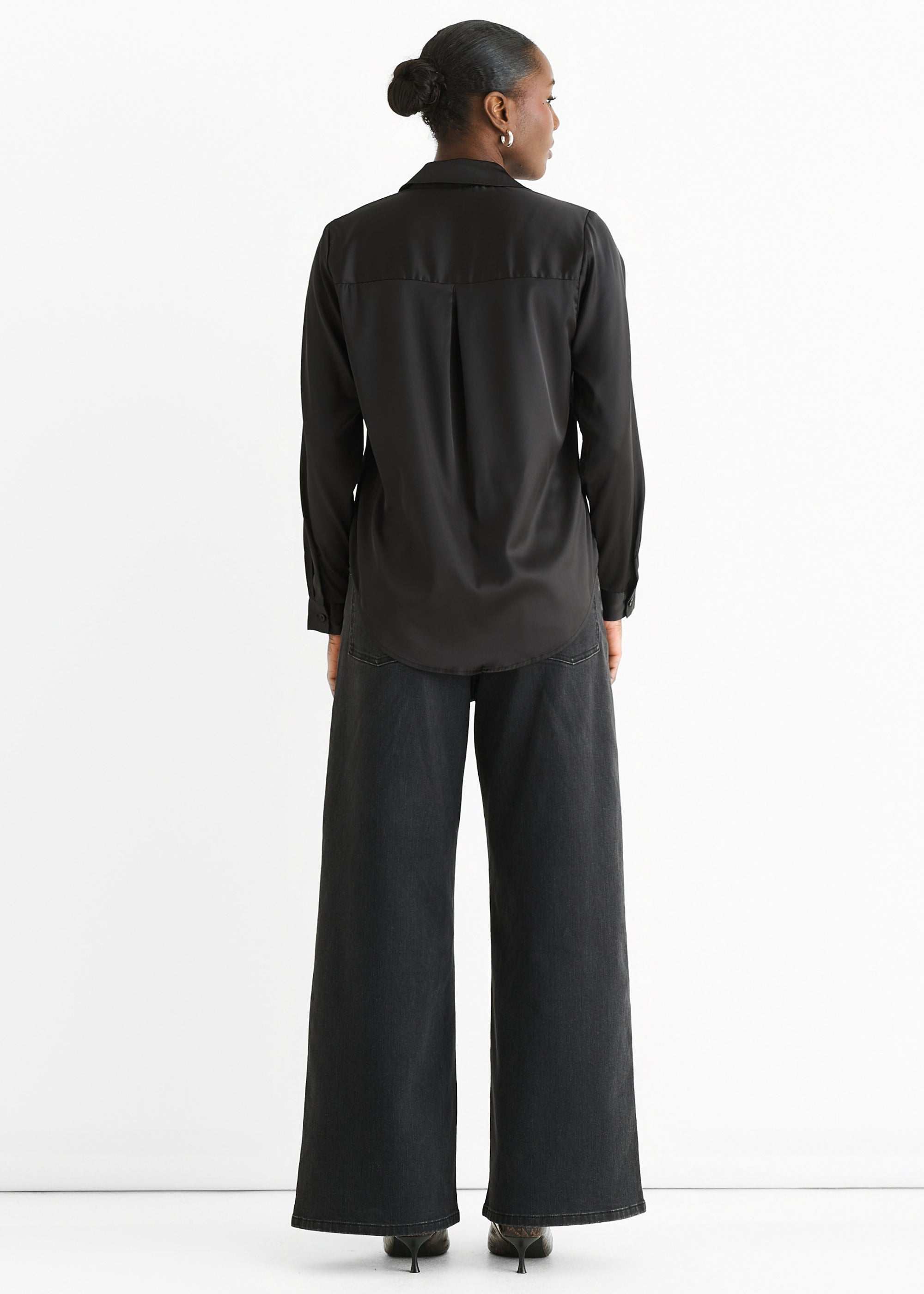 Black Satin Loose Fit Button Through Shirt