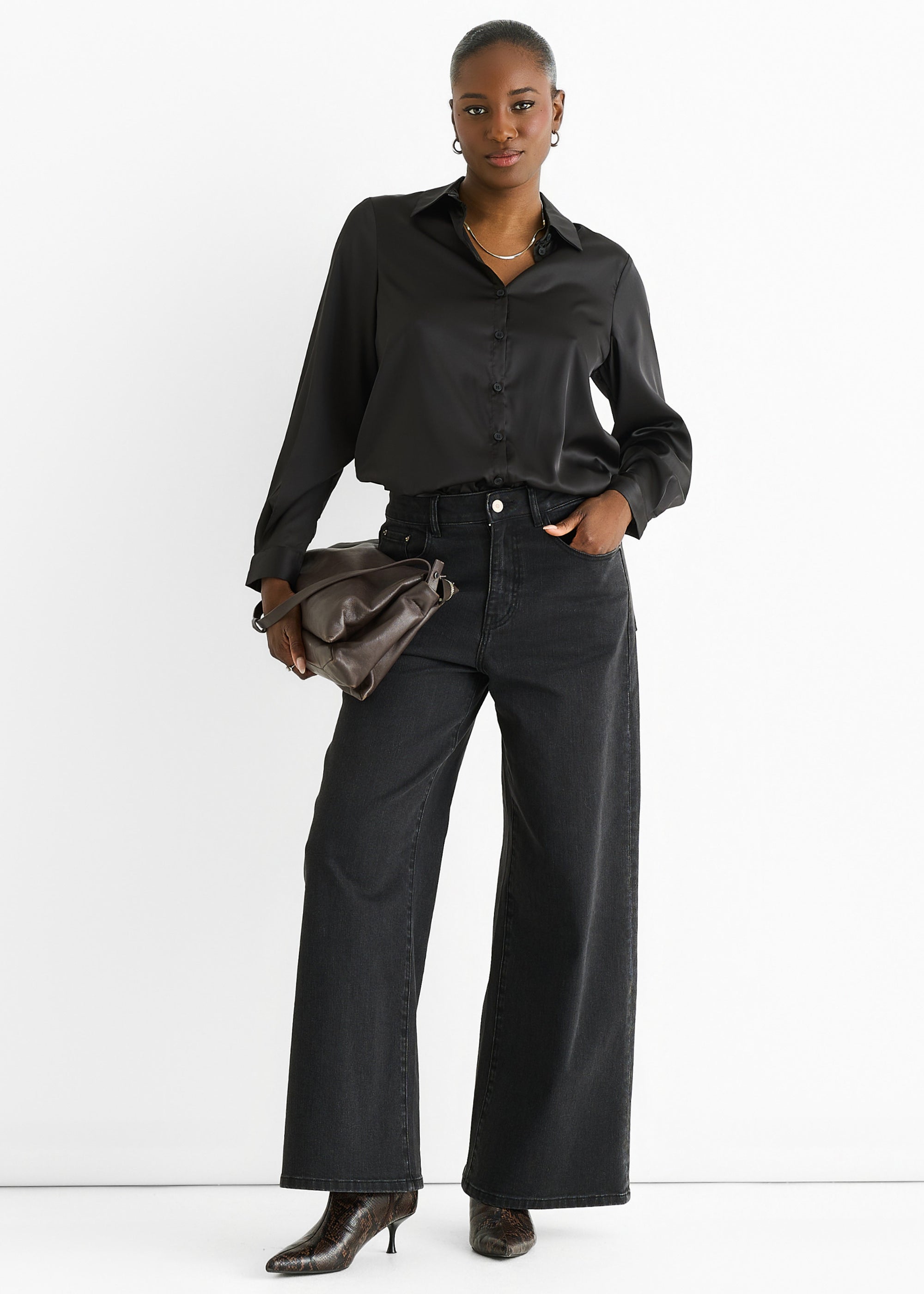 Black Satin Loose Fit Button Through Shirt