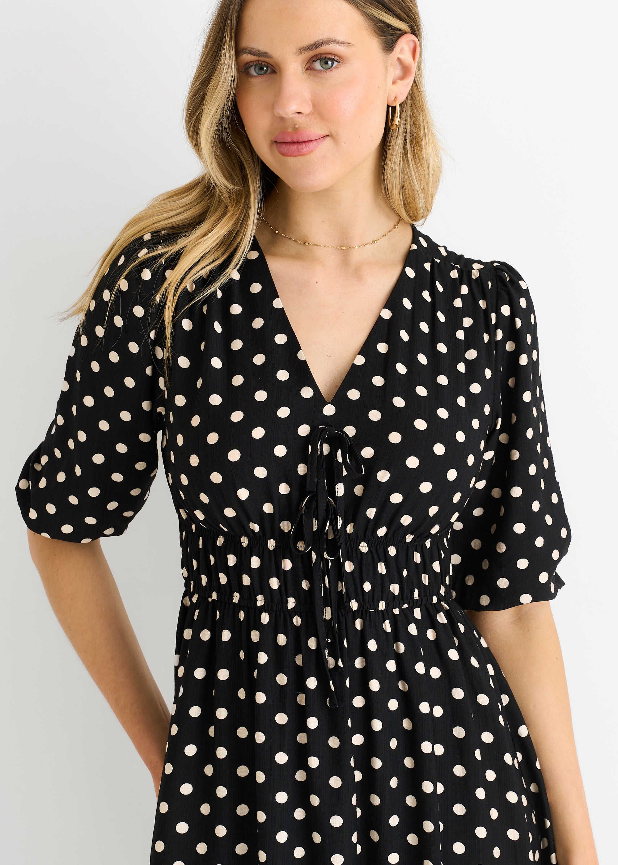 Black Spot Print Shirred Waist Shift Midi Dress