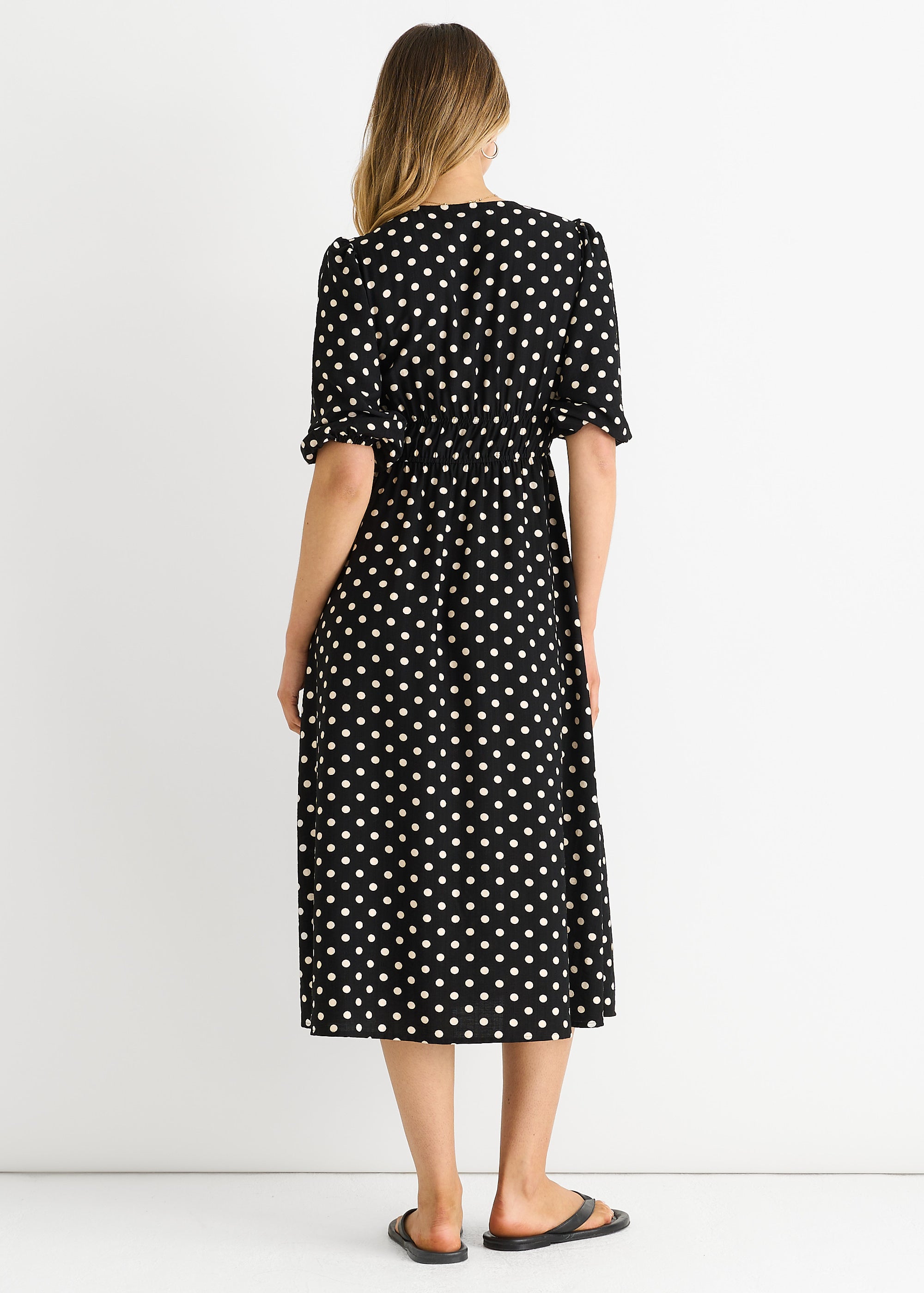 Black Spot Print Shirred Waist Shift Midi Dress
