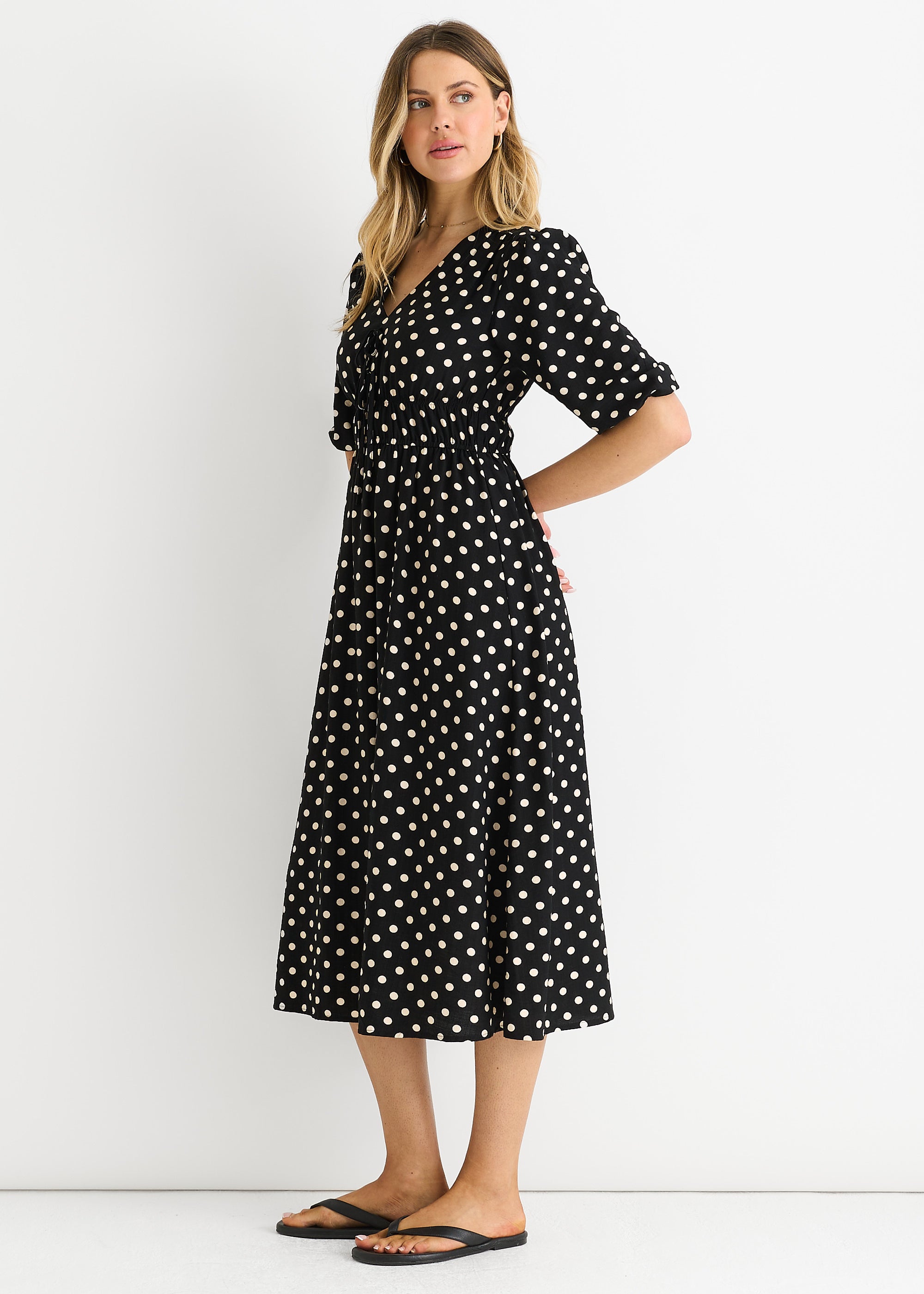 Black Spot Print Shirred Waist Shift Midi Dress
