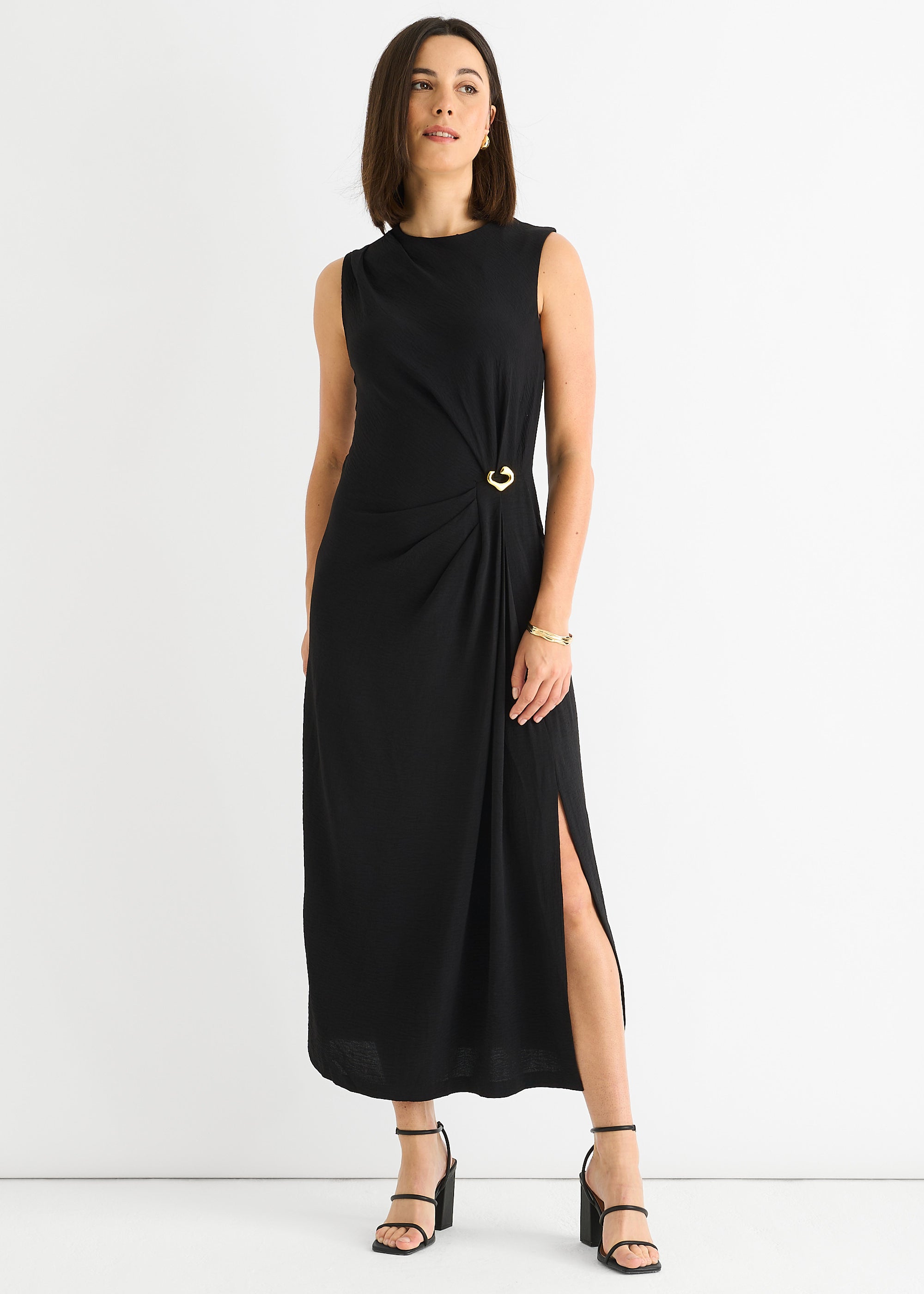 Black Waist Ruched Metal Trim Sleeveless Midi Dress
