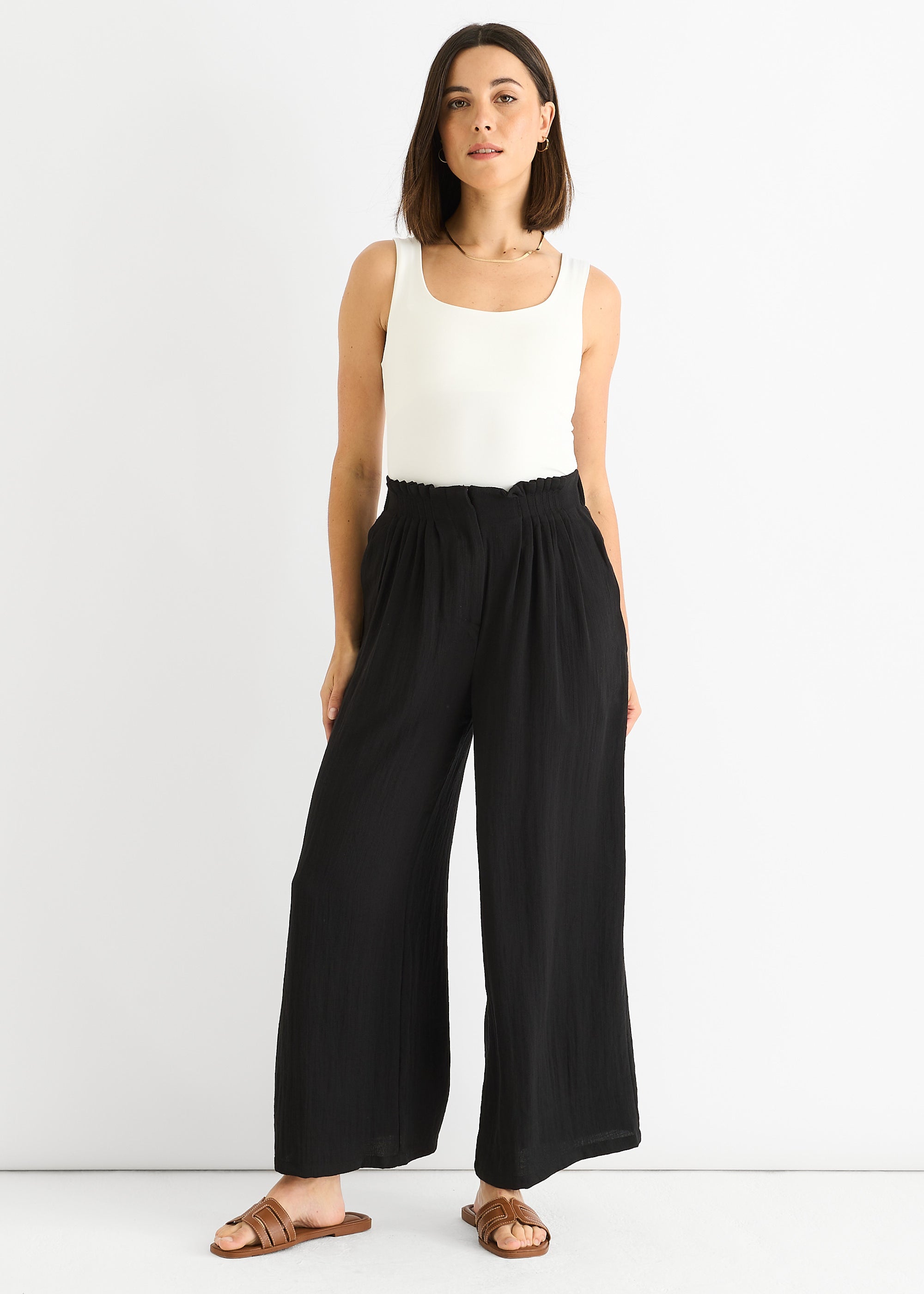Black Paperbag Waist Wide Leg Trousers