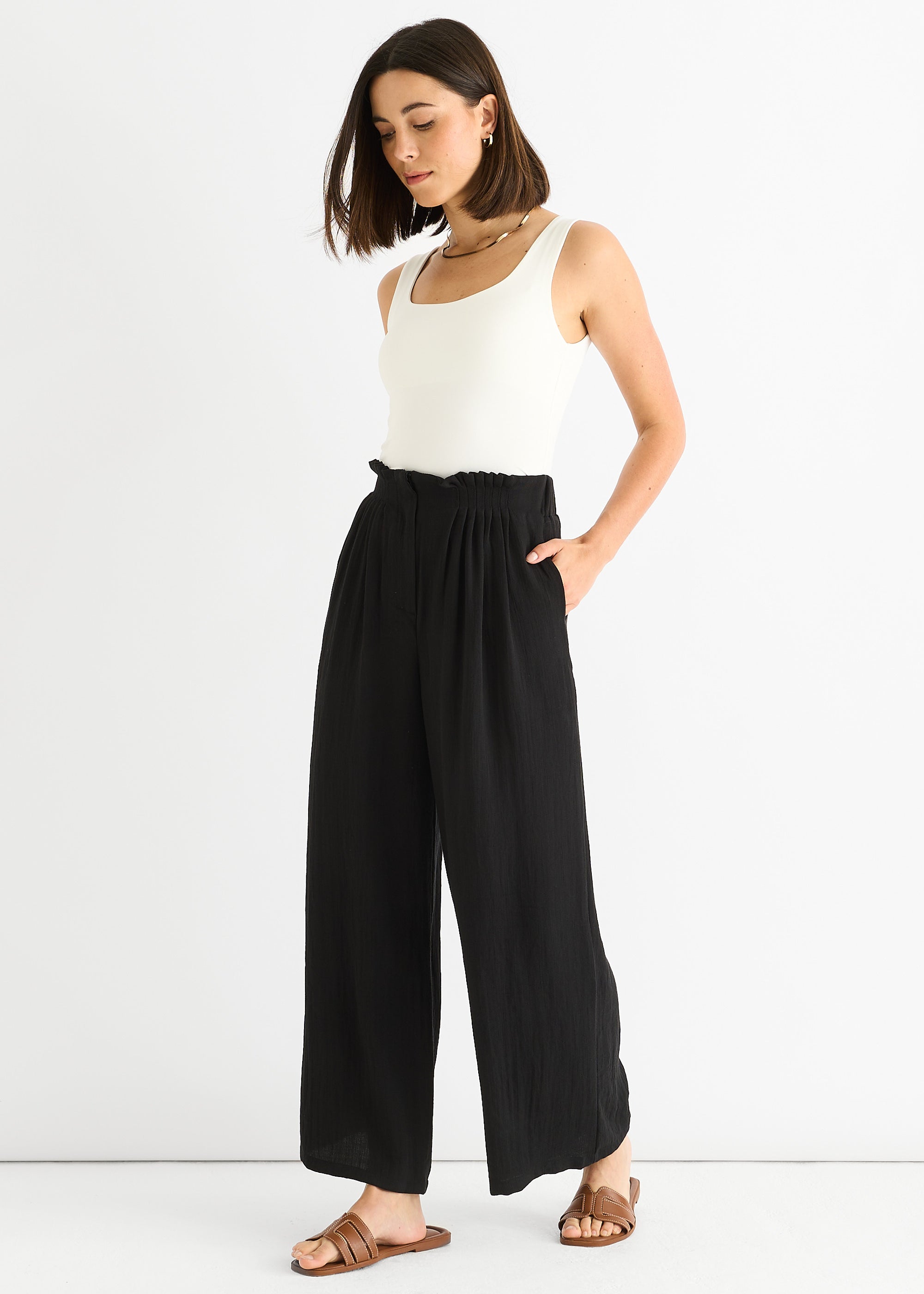 Black Paperbag Waist Wide Leg Trousers