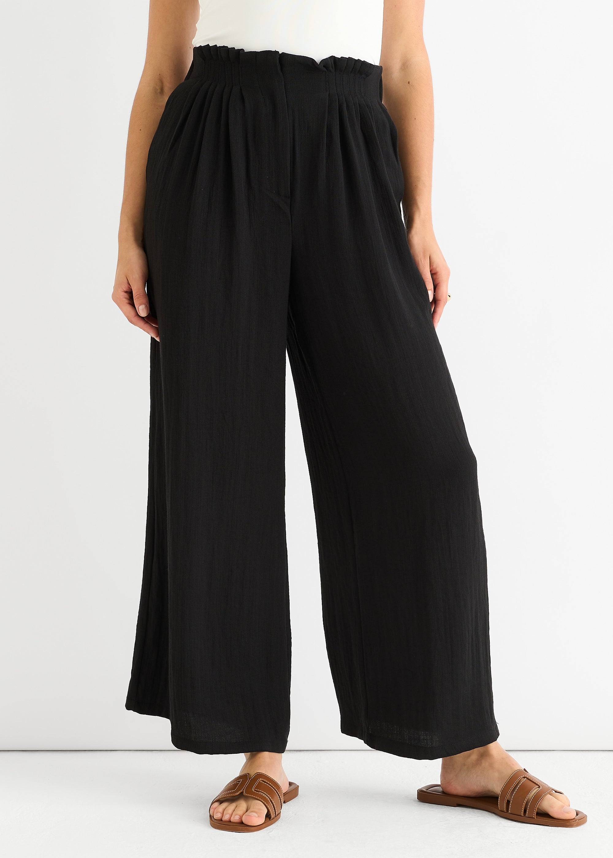 Black Paperbag Waist Wide Leg Trousers