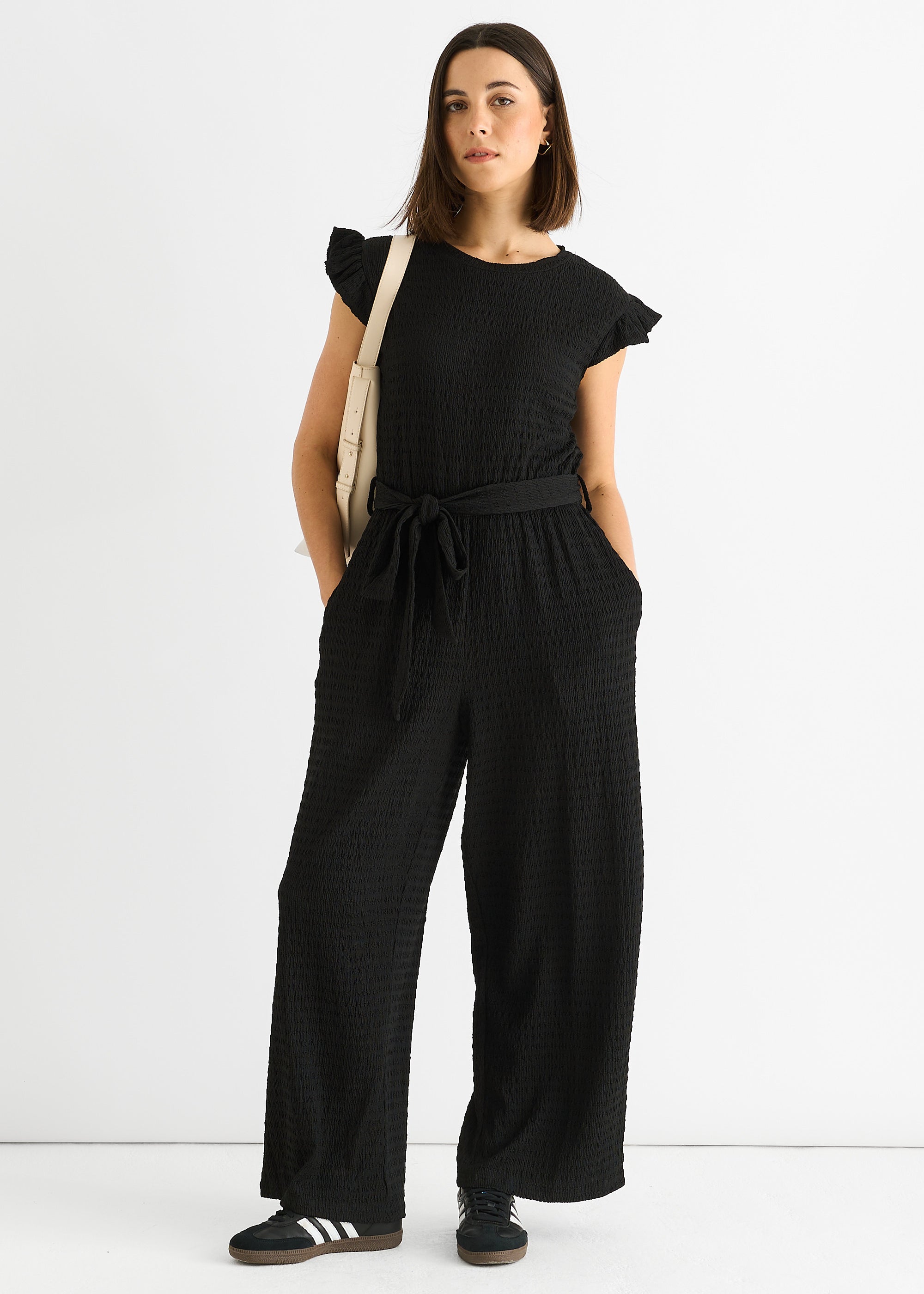 Black Stretch Texture Frill Elasticated Waist Jumpsuit