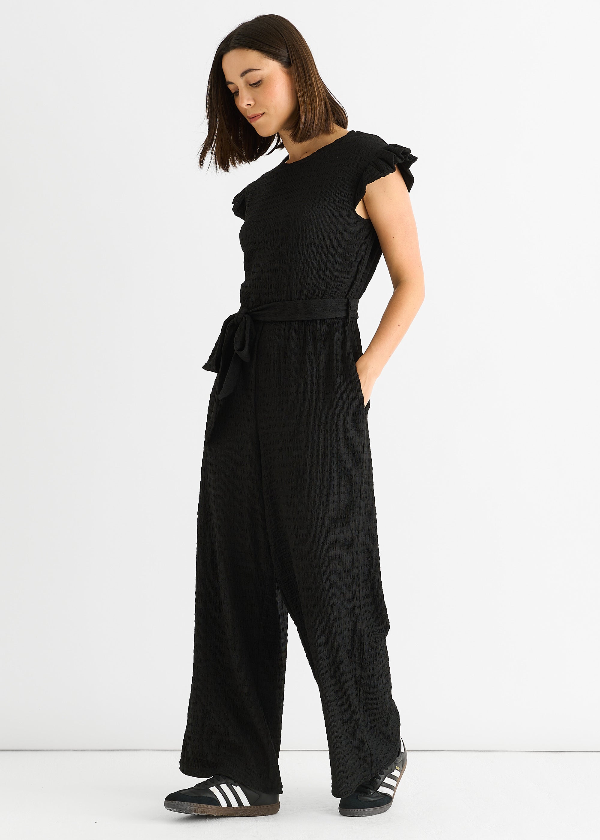 Black Stretch Texture Frill Elasticated Waist Jumpsuit