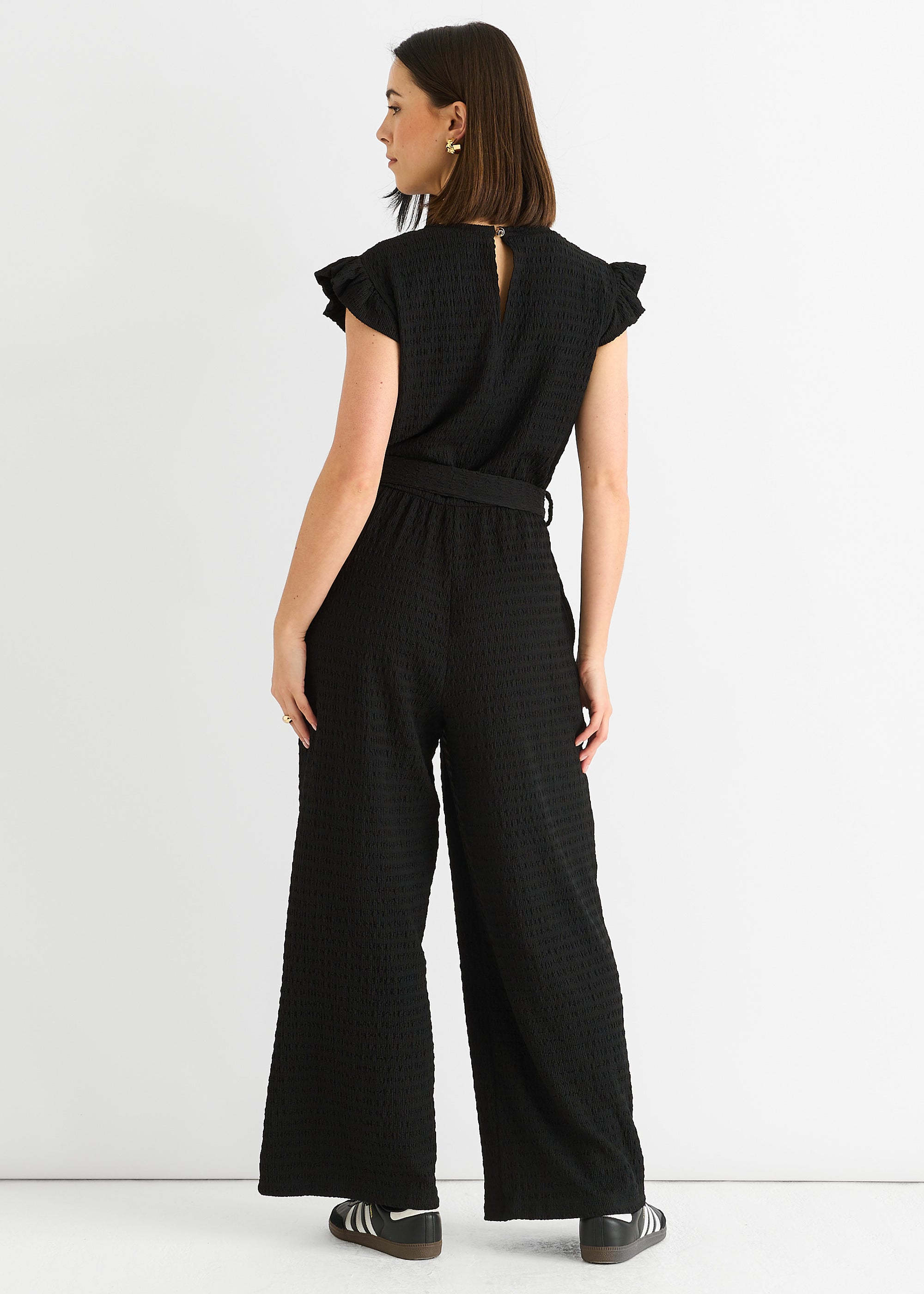 Black Stretch Texture Frill Elasticated Waist Jumpsuit