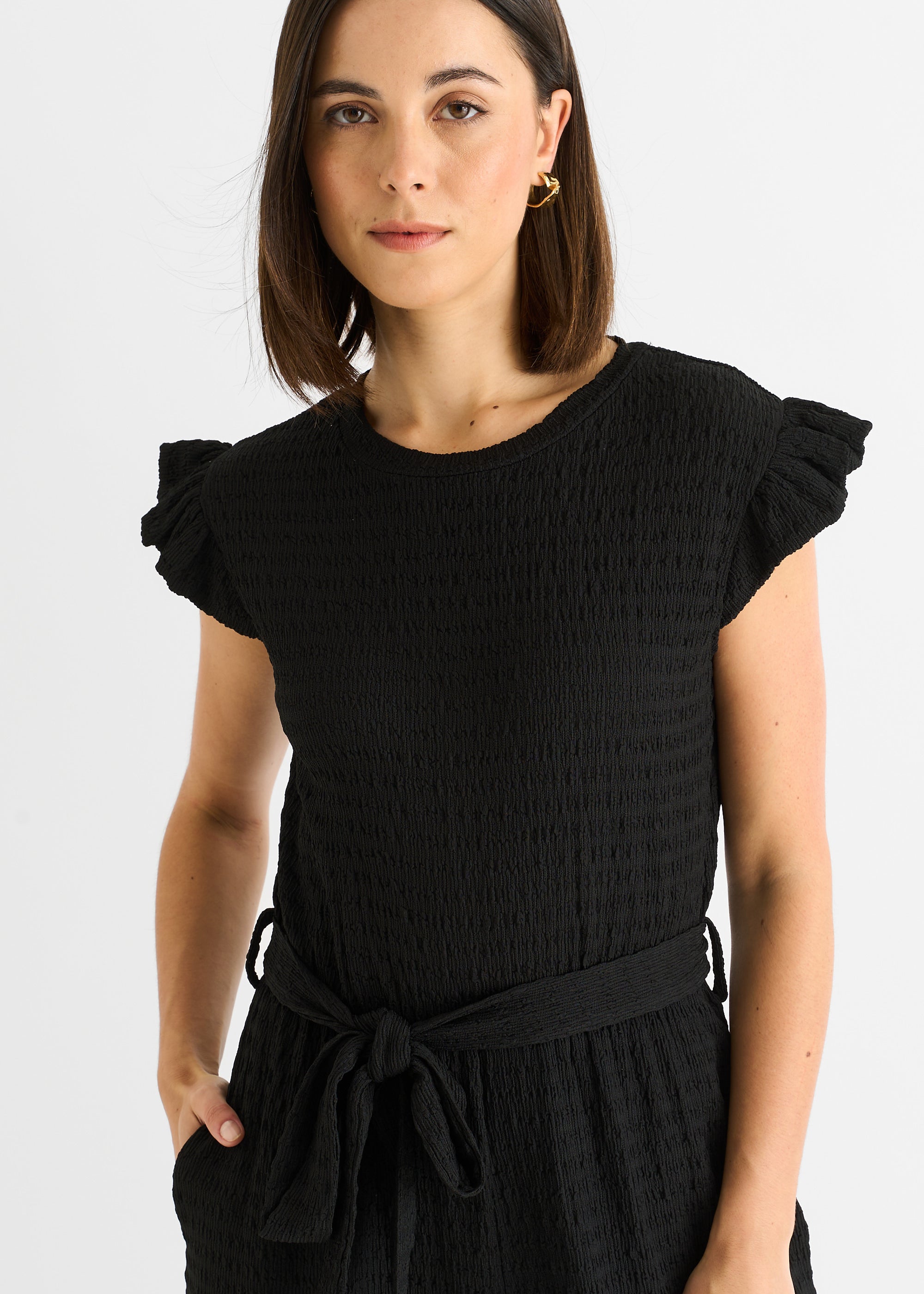 Black Stretch Texture Frill Elasticated Waist Jumpsuit