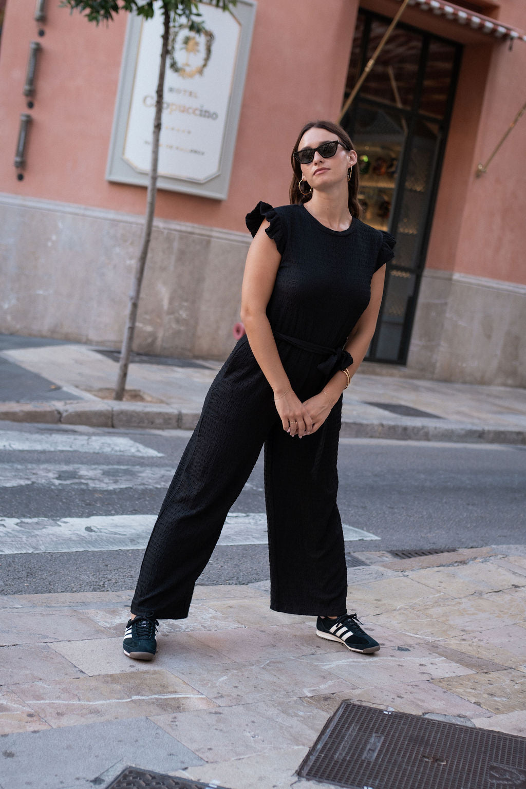 Black Stretch Texture Frill Elasticated Waist Jumpsuit