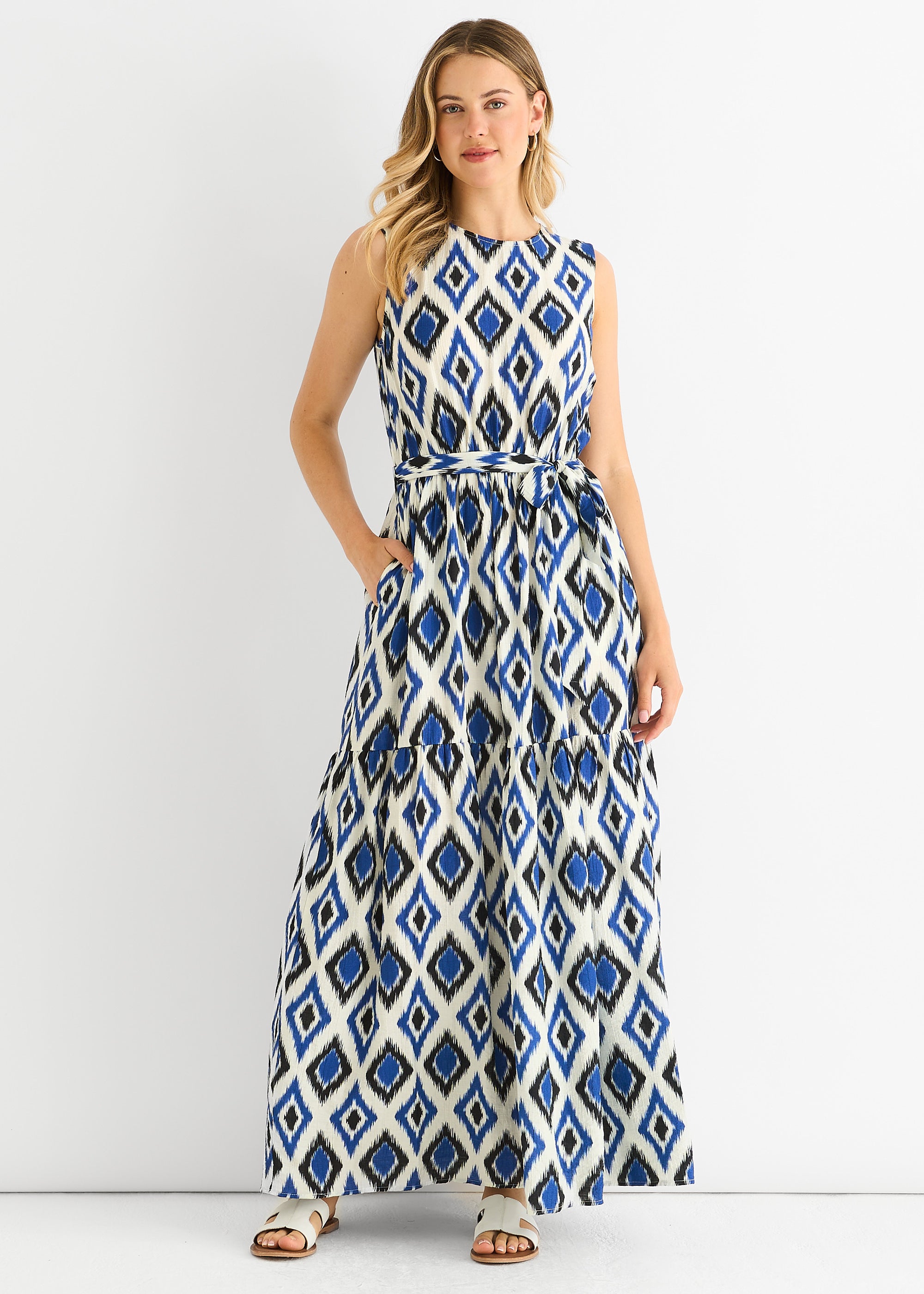 Blue Geo Print Elasticated Waist Midaxi Dress