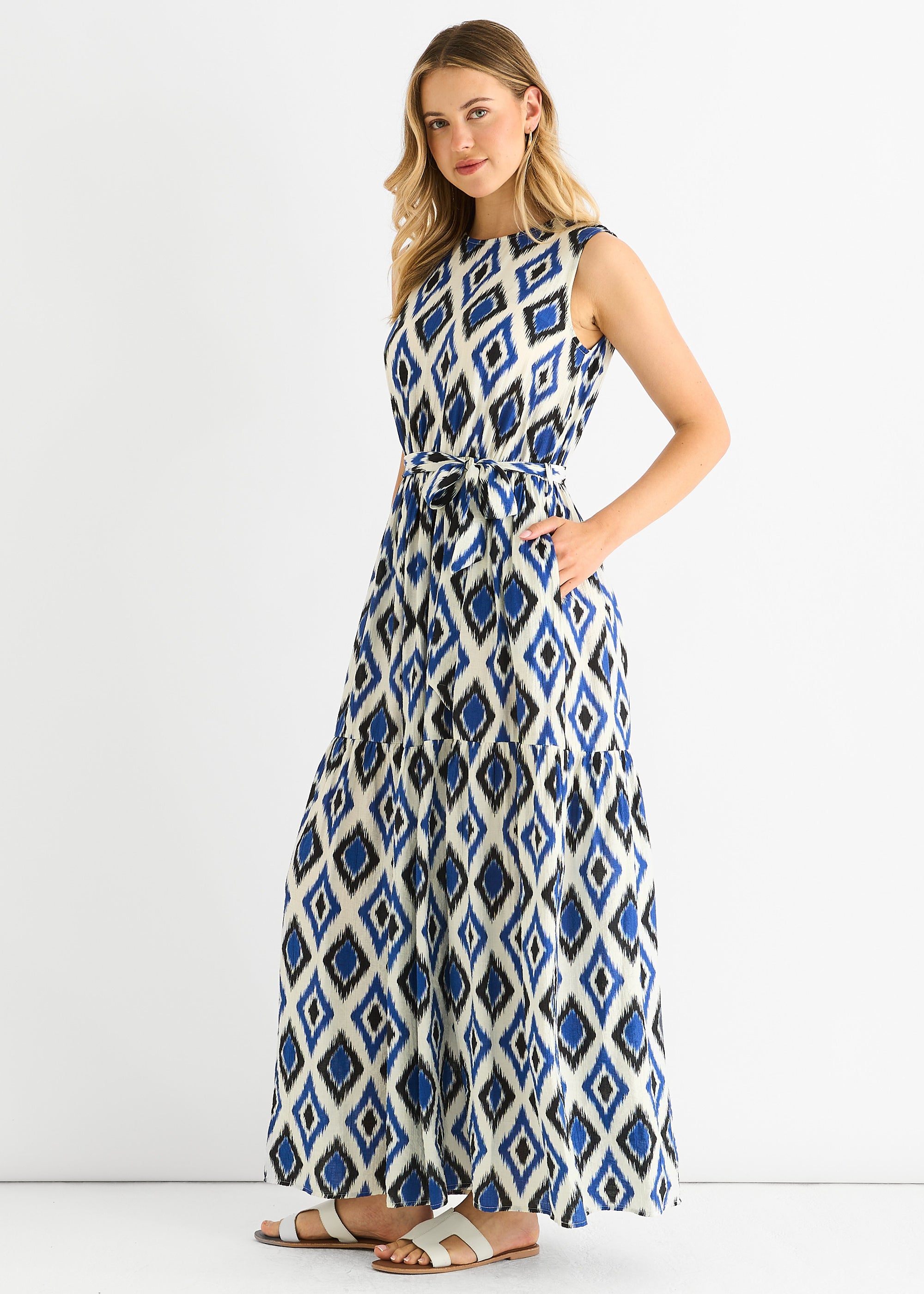 Blue Geo Print Elasticated Waist Midaxi Dress