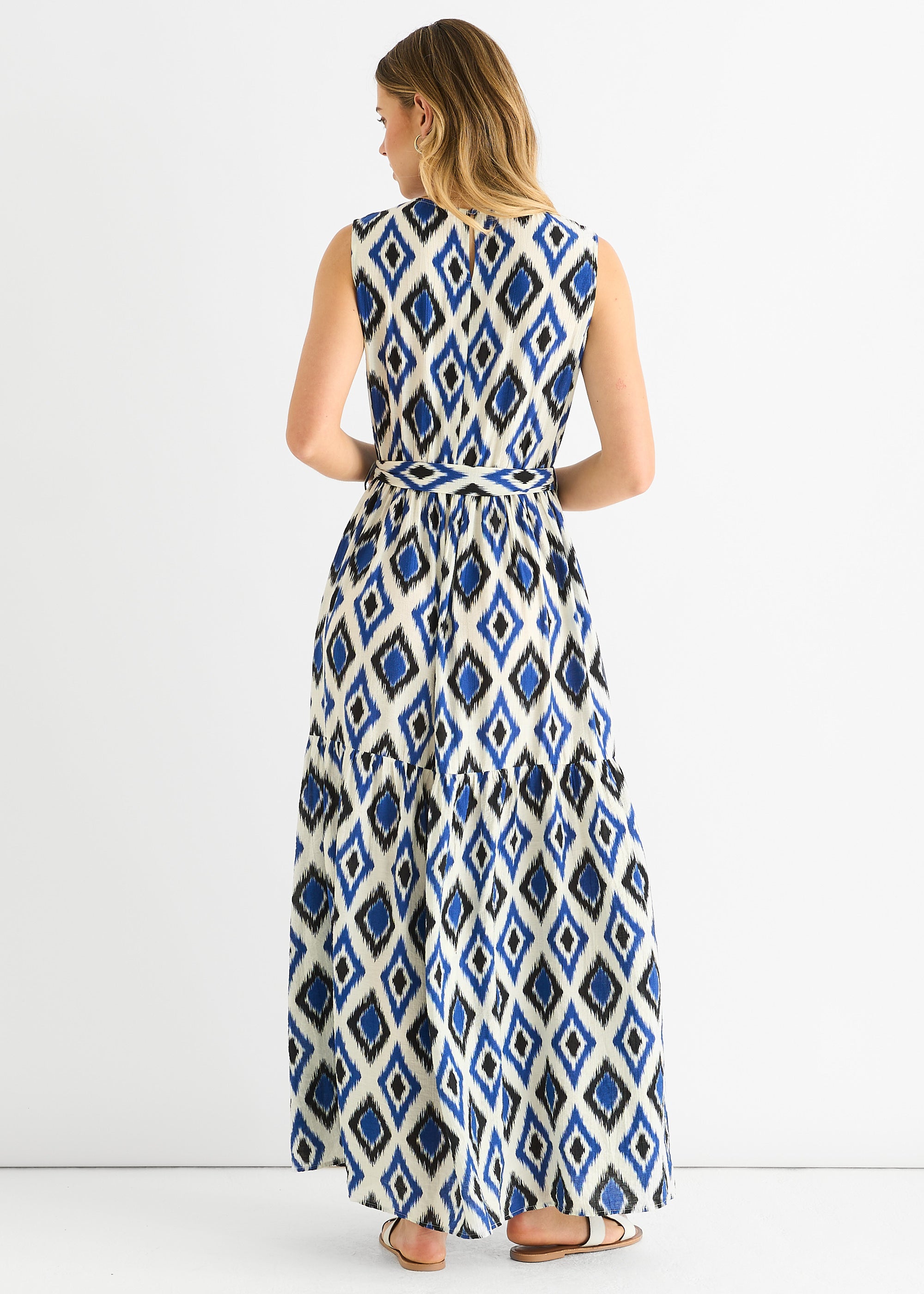 Blue Geo Print Elasticated Waist Midaxi Dress