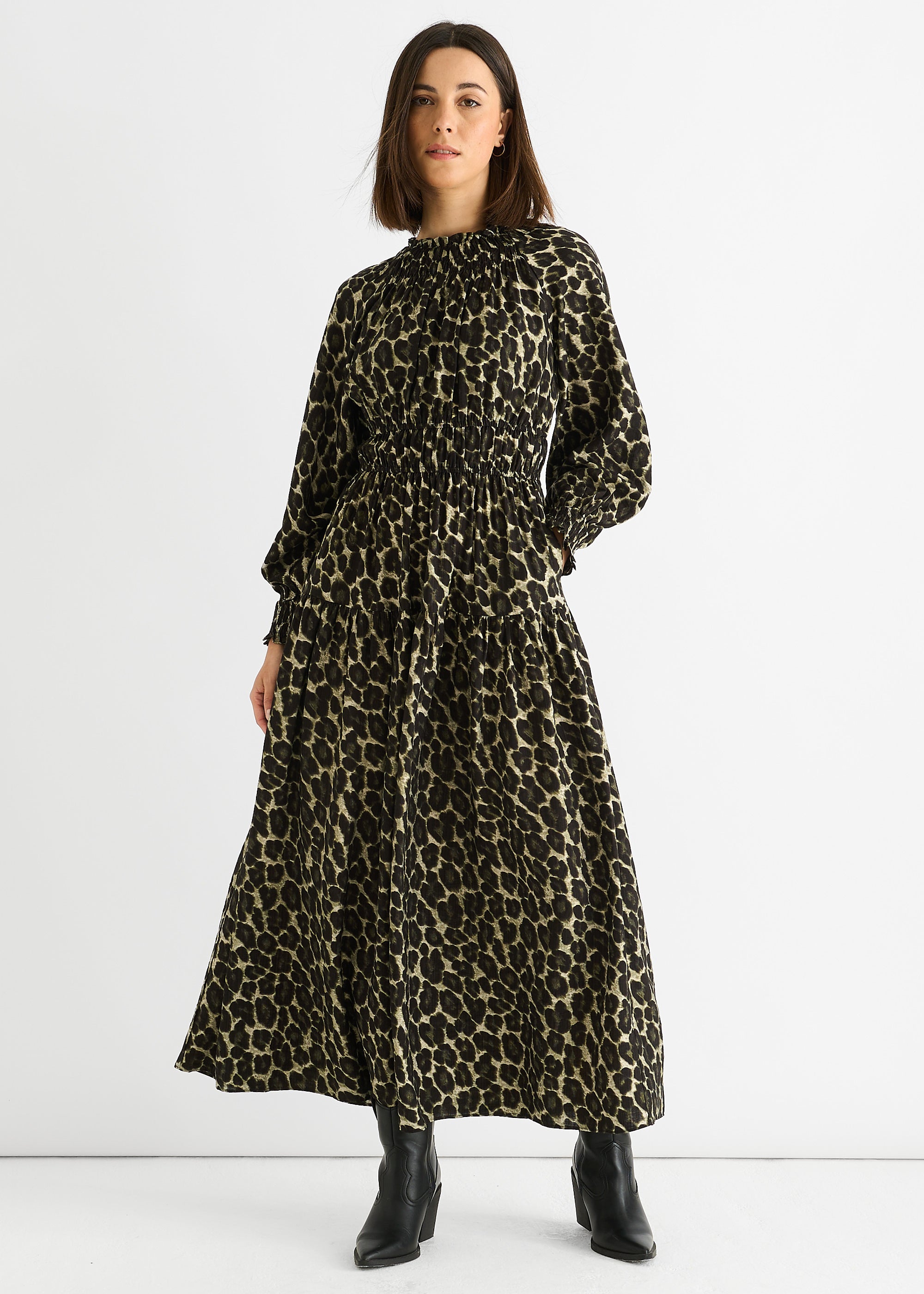 Khaki Animal Print Shirred High Neck Maxi Dress