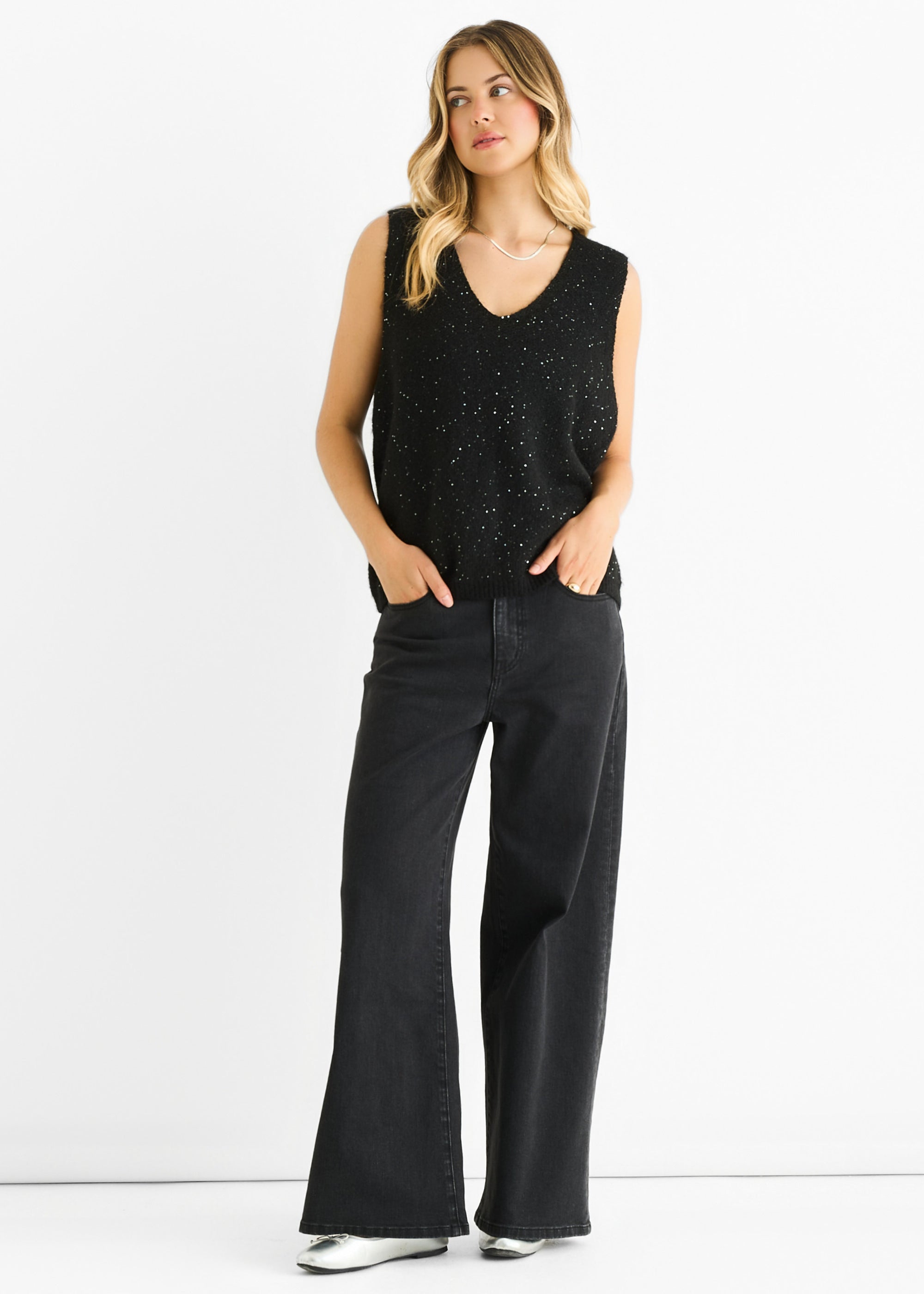 Black Sequin Sparkle V Neck Vest Knit Jumper