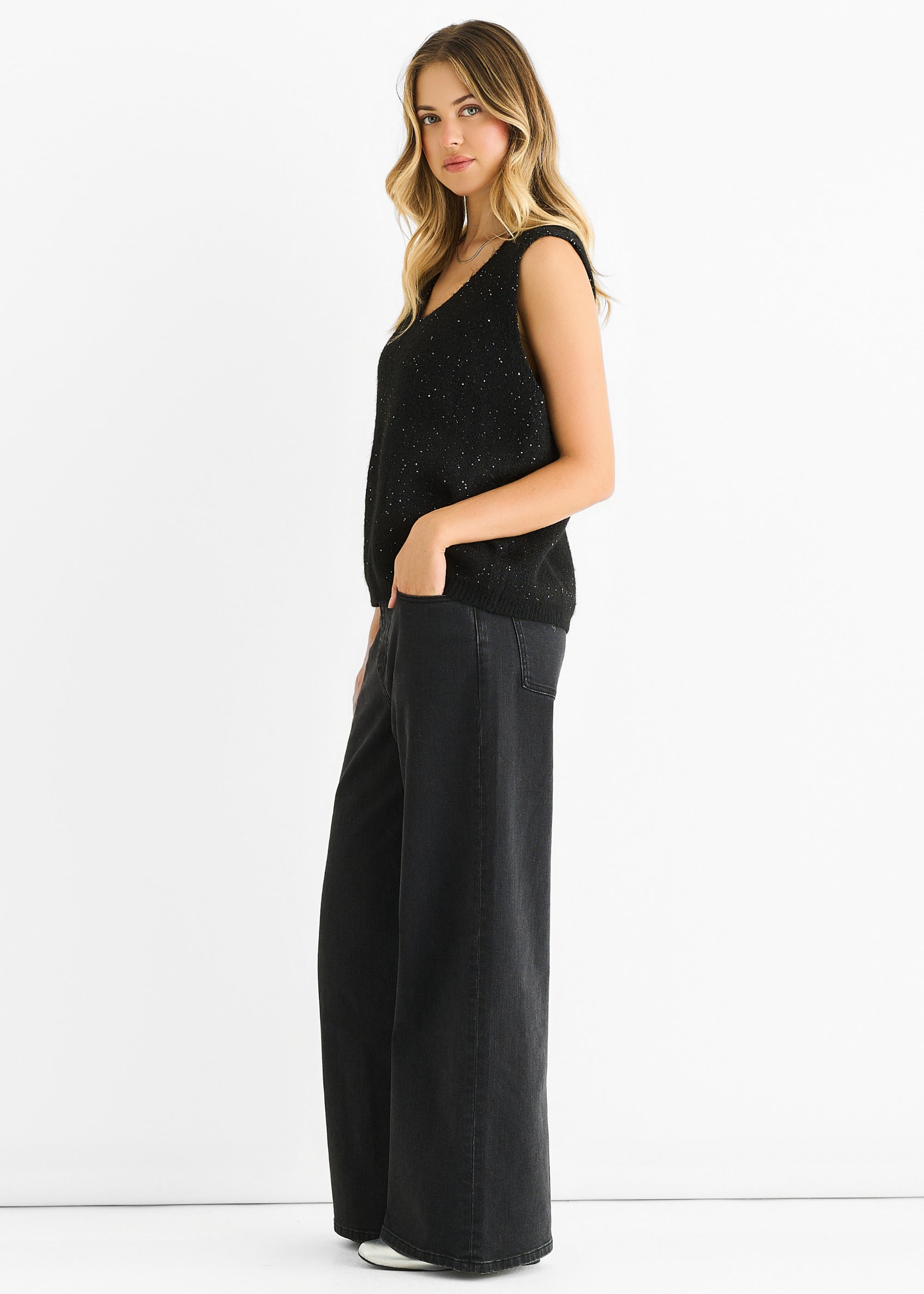 Black Sequin Sparkle V Neck Vest Knit Jumper