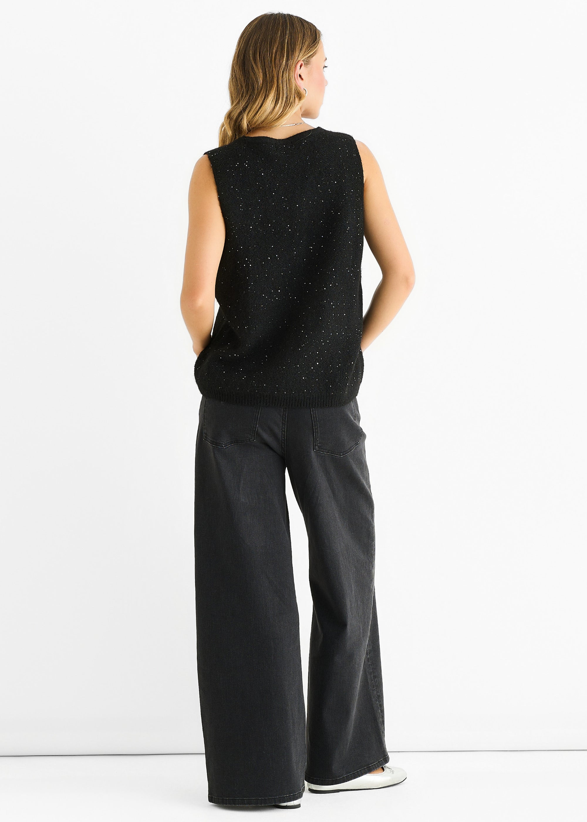 Black Sequin Sparkle V Neck Vest Knit Jumper