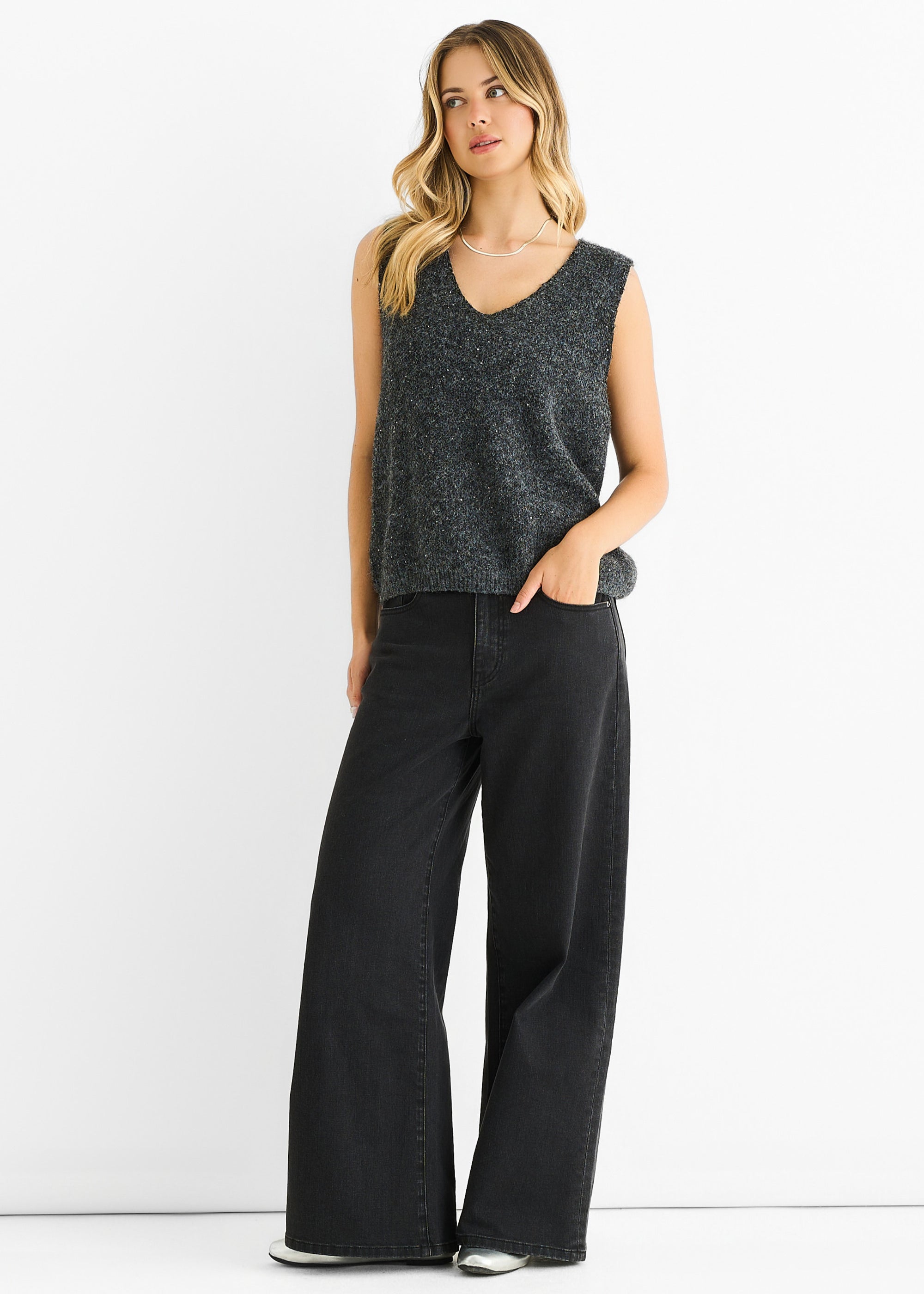 Grey Sequin Sparkle V Neck Vest Knit Jumper