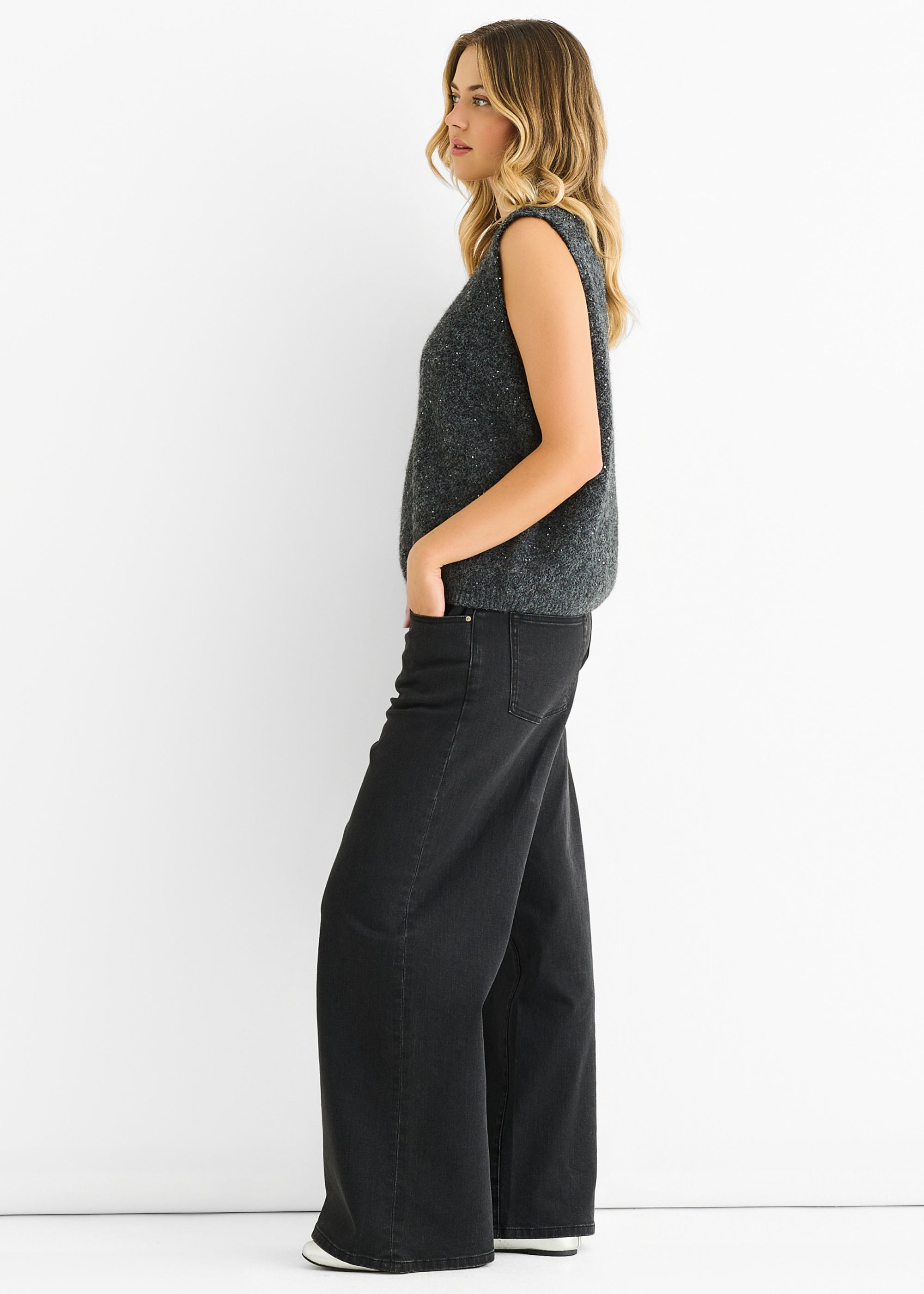 Grey Sequin Sparkle V Neck Vest Knit Jumper