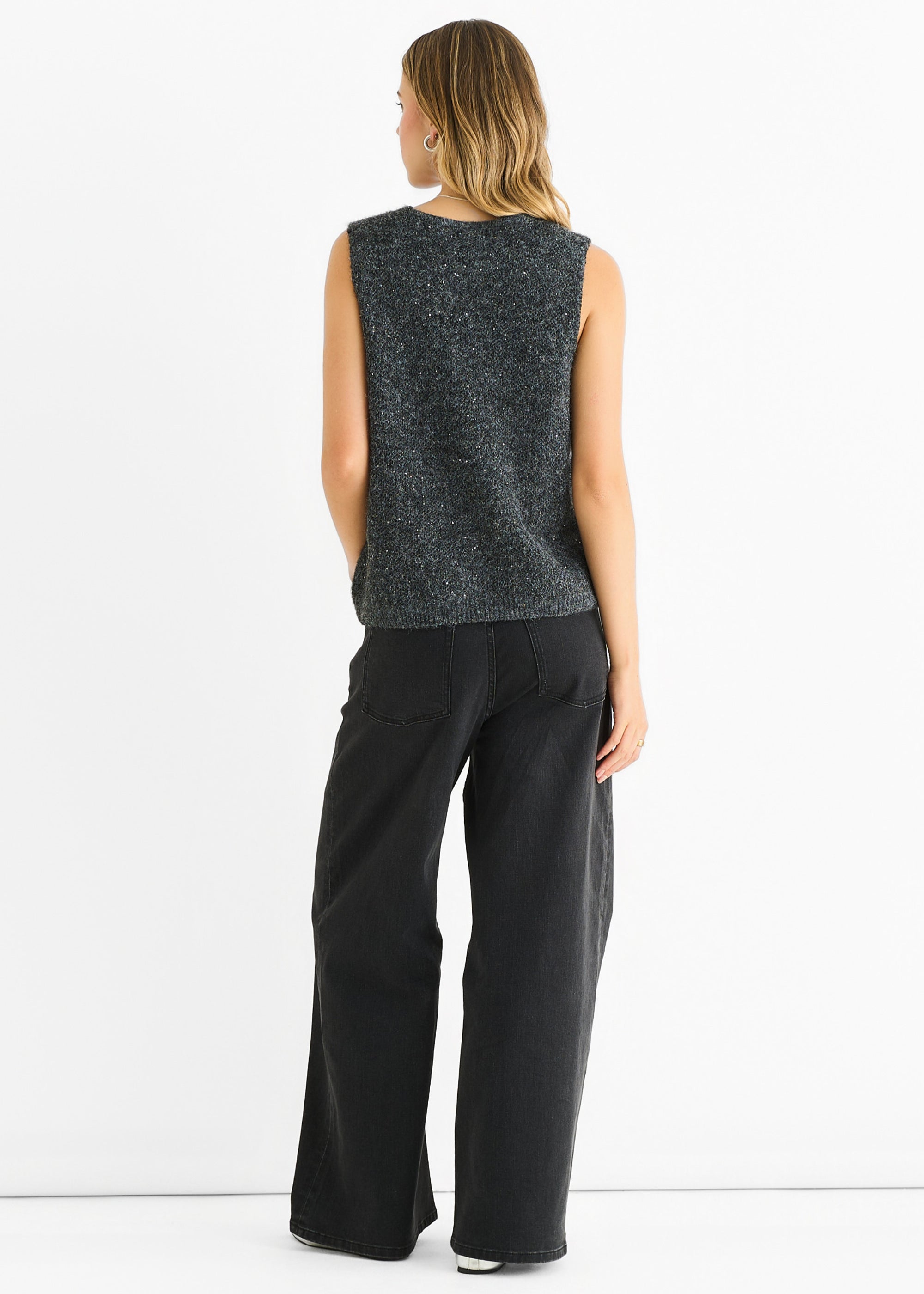 Grey Sequin Sparkle V Neck Vest Knit Jumper