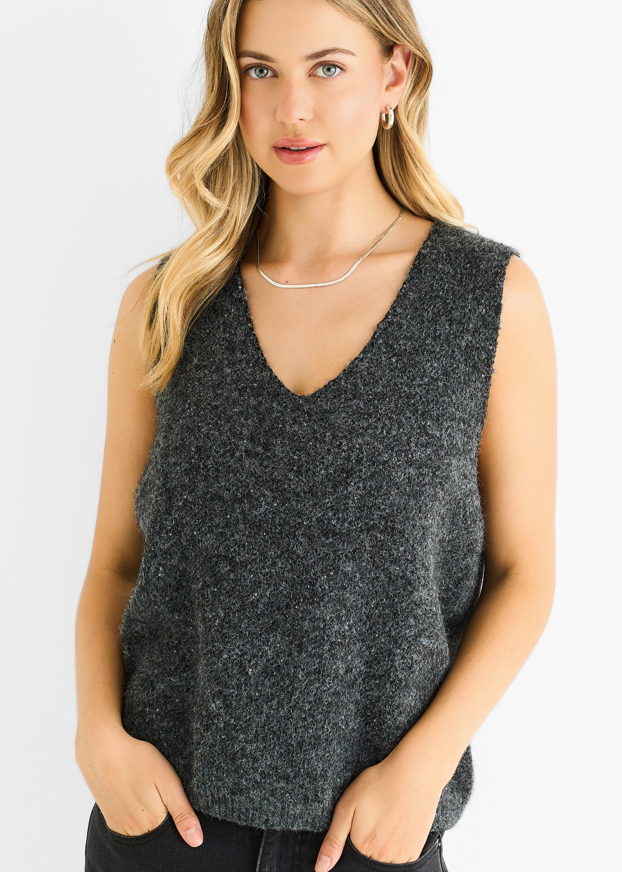 Grey Sequin Sparkle V Neck Vest Knit Jumper