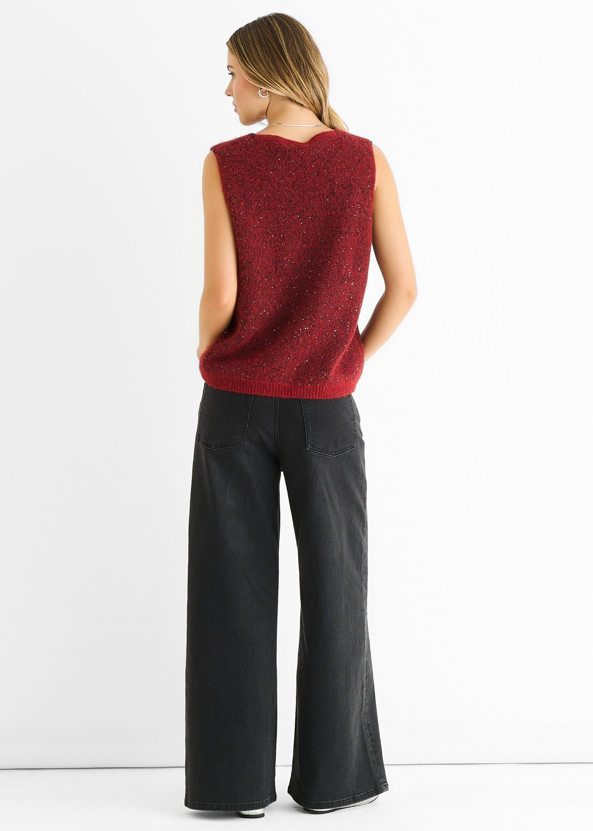 Red Sequin Sparkle V Neck Vest Knit Jumper
