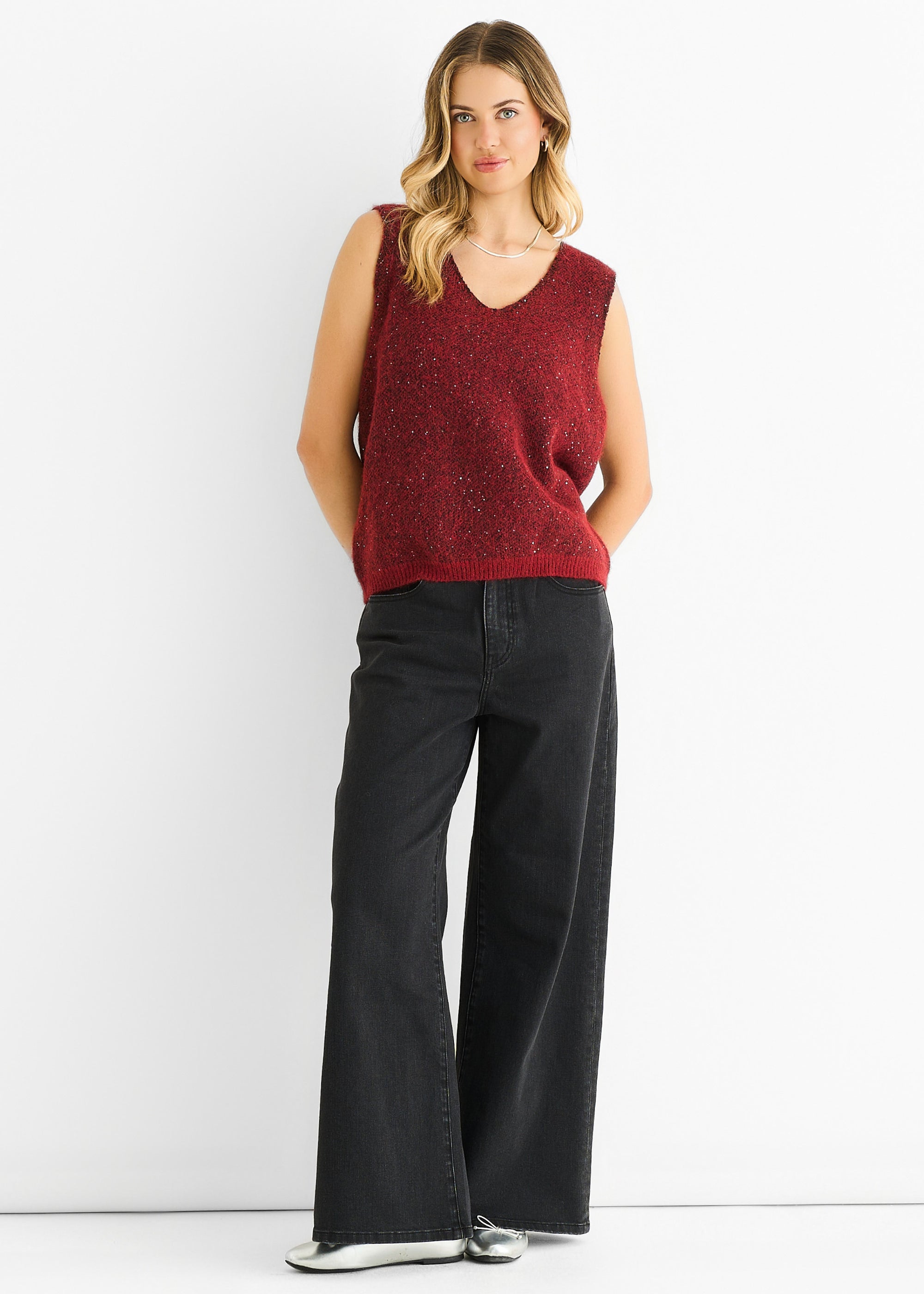 Red Sequin Sparkle V Neck Vest Knit Jumper
