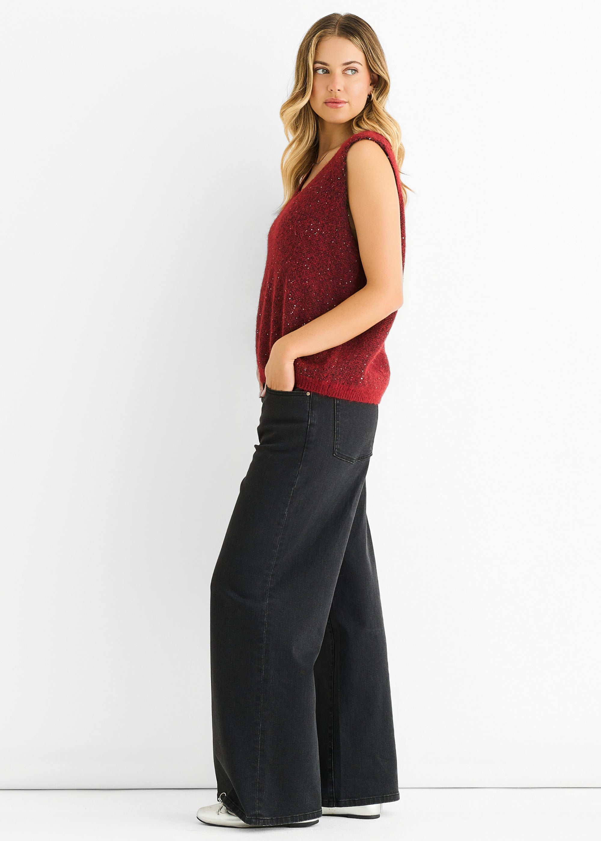 Red Sequin Sparkle V Neck Vest Knit Jumper