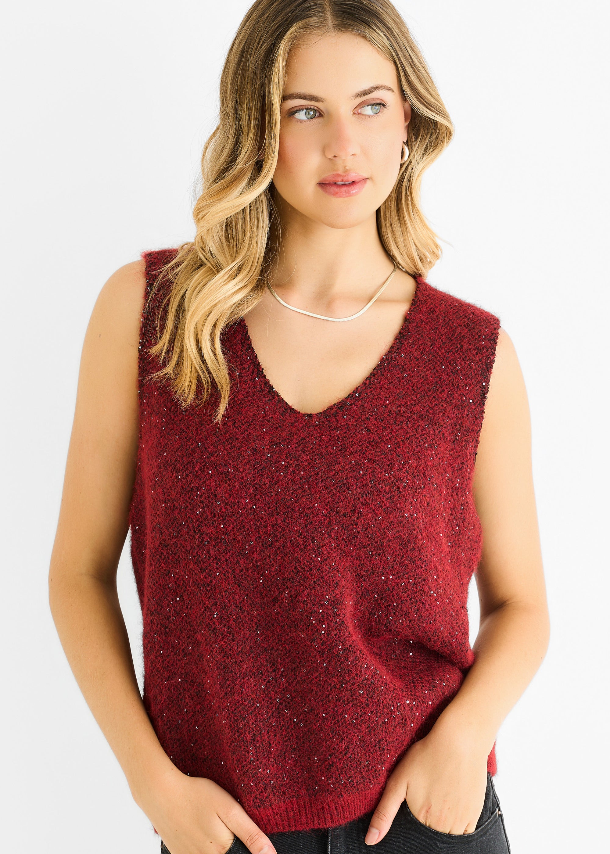 Red Sequin Sparkle V Neck Vest Knit Jumper