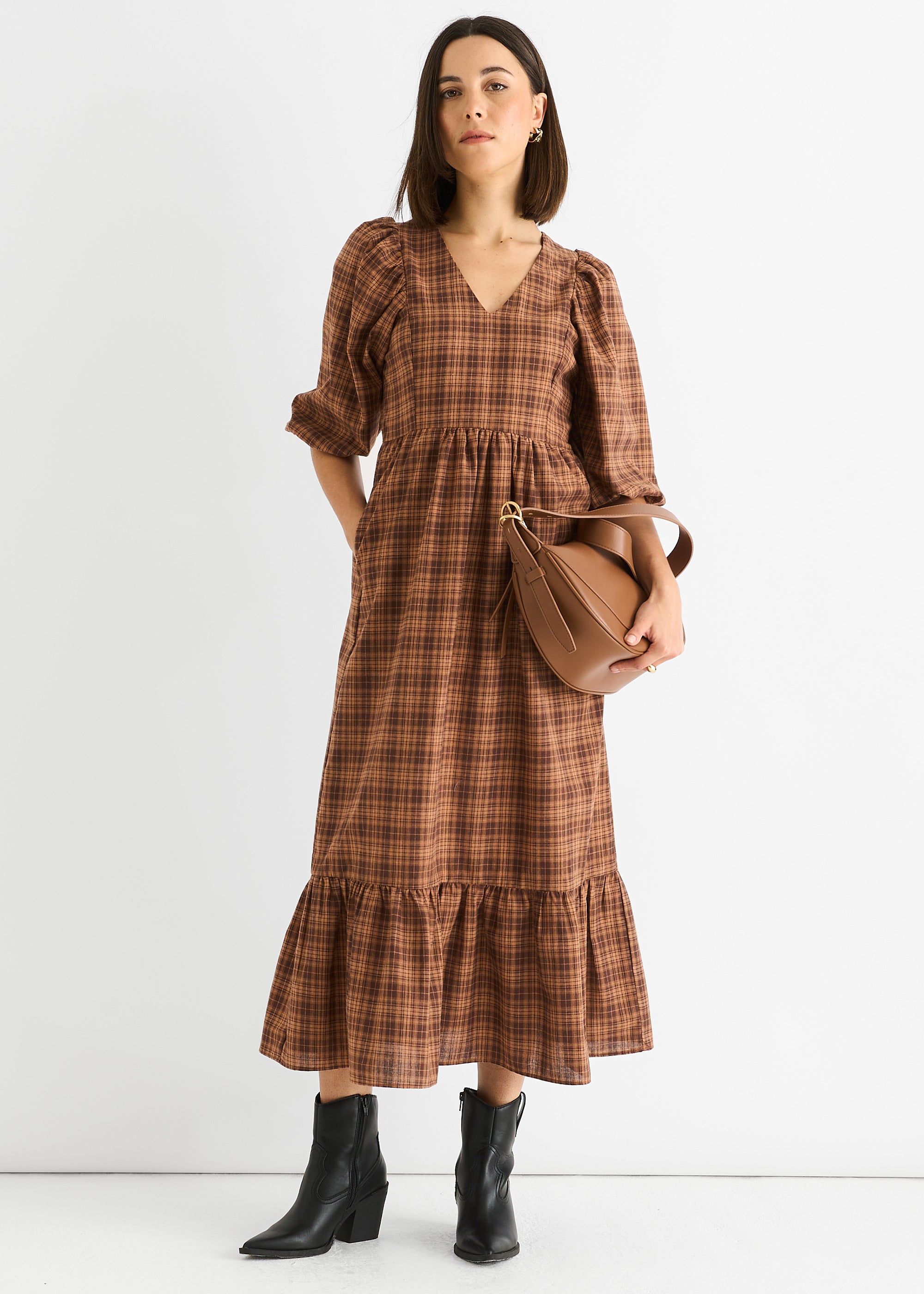 Brown Cotton Puff Sleeves V Neck Midi Dress