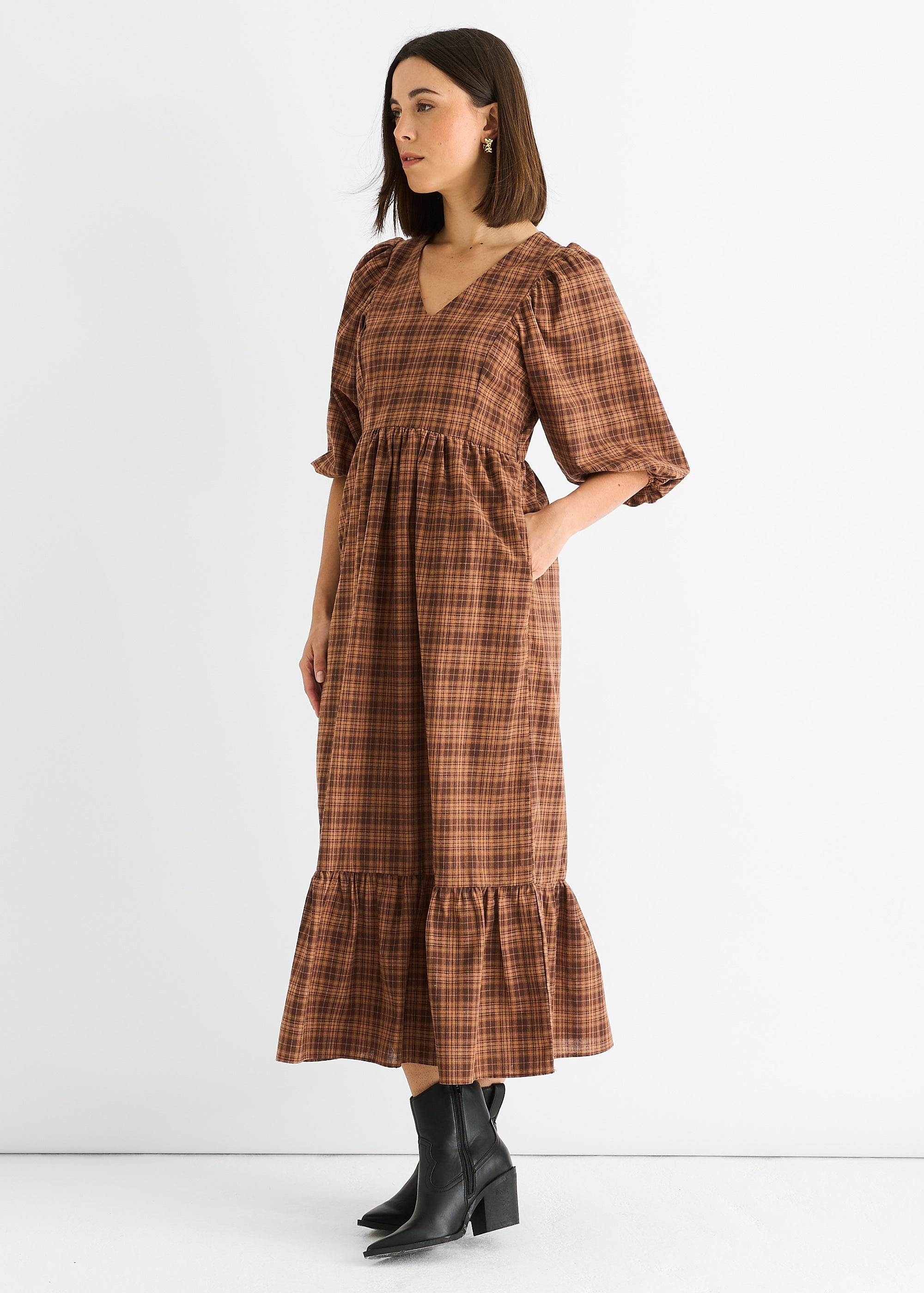 Brown Cotton Puff Sleeves V Neck Midi Dress