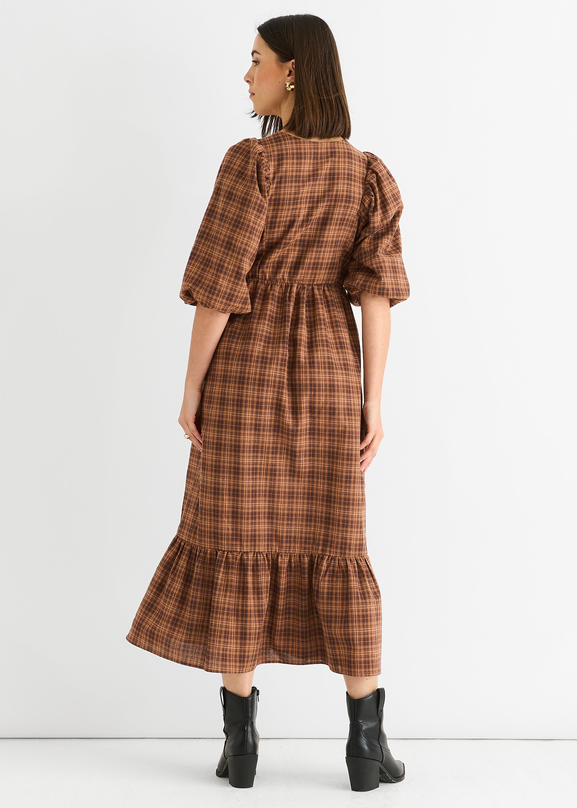 Brown Cotton Puff Sleeves V Neck Midi Dress