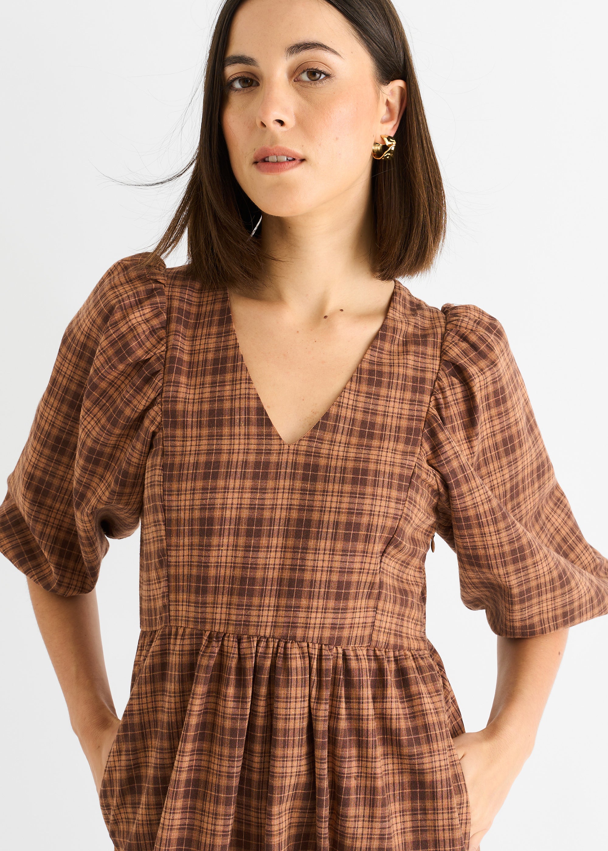 Brown Cotton Puff Sleeves V Neck Midi Dress