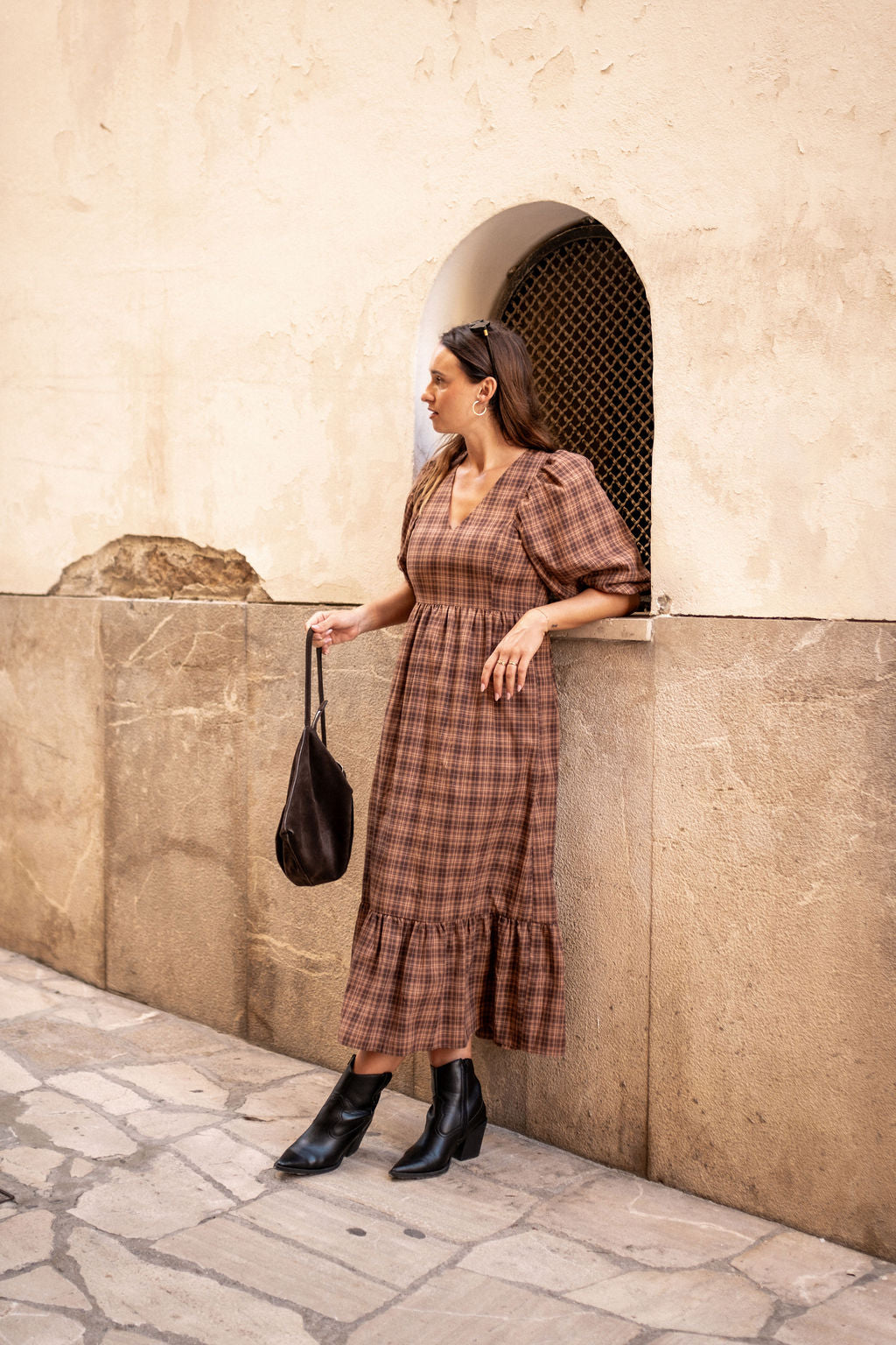 Brown Cotton Puff Sleeves V Neck Midi Dress
