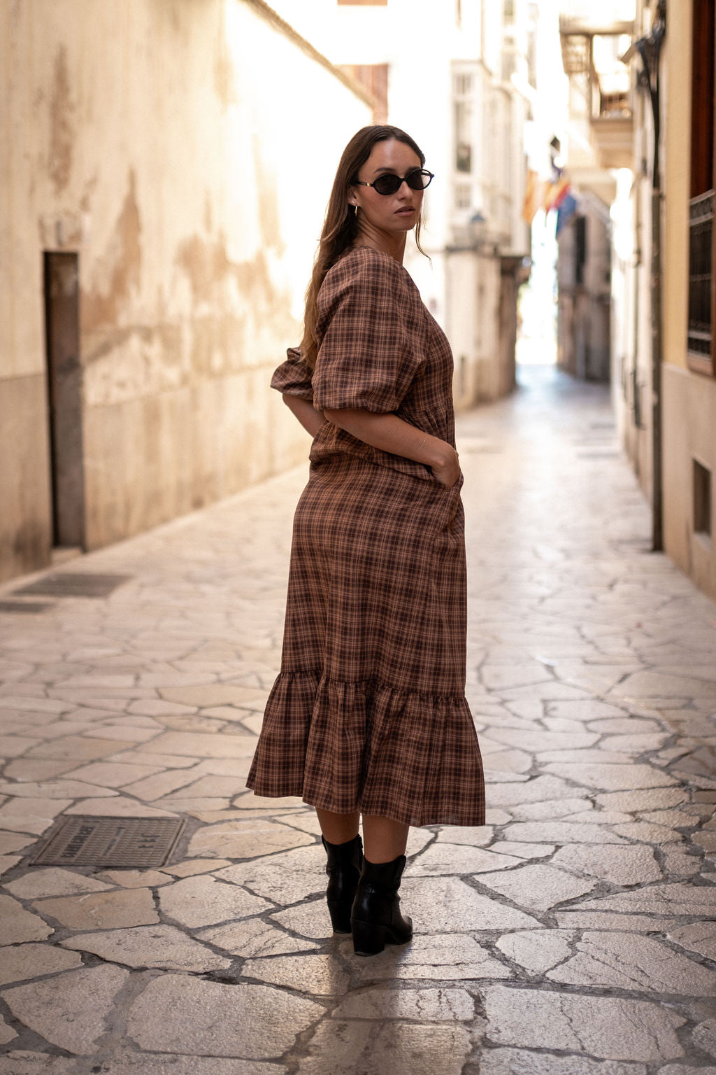 Brown Cotton Puff Sleeves V Neck Midi Dress