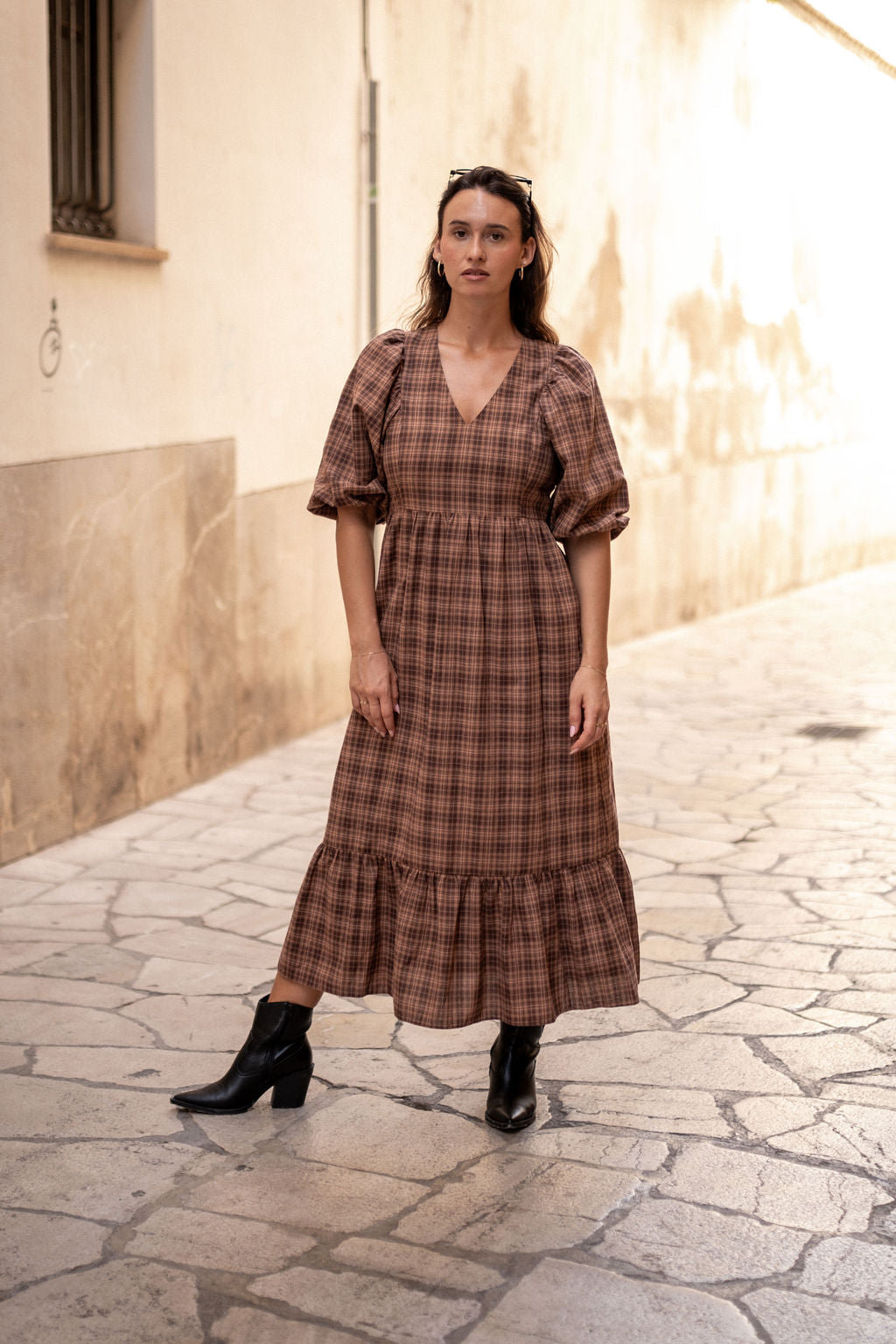 Brown Cotton Puff Sleeves V Neck Midi Dress