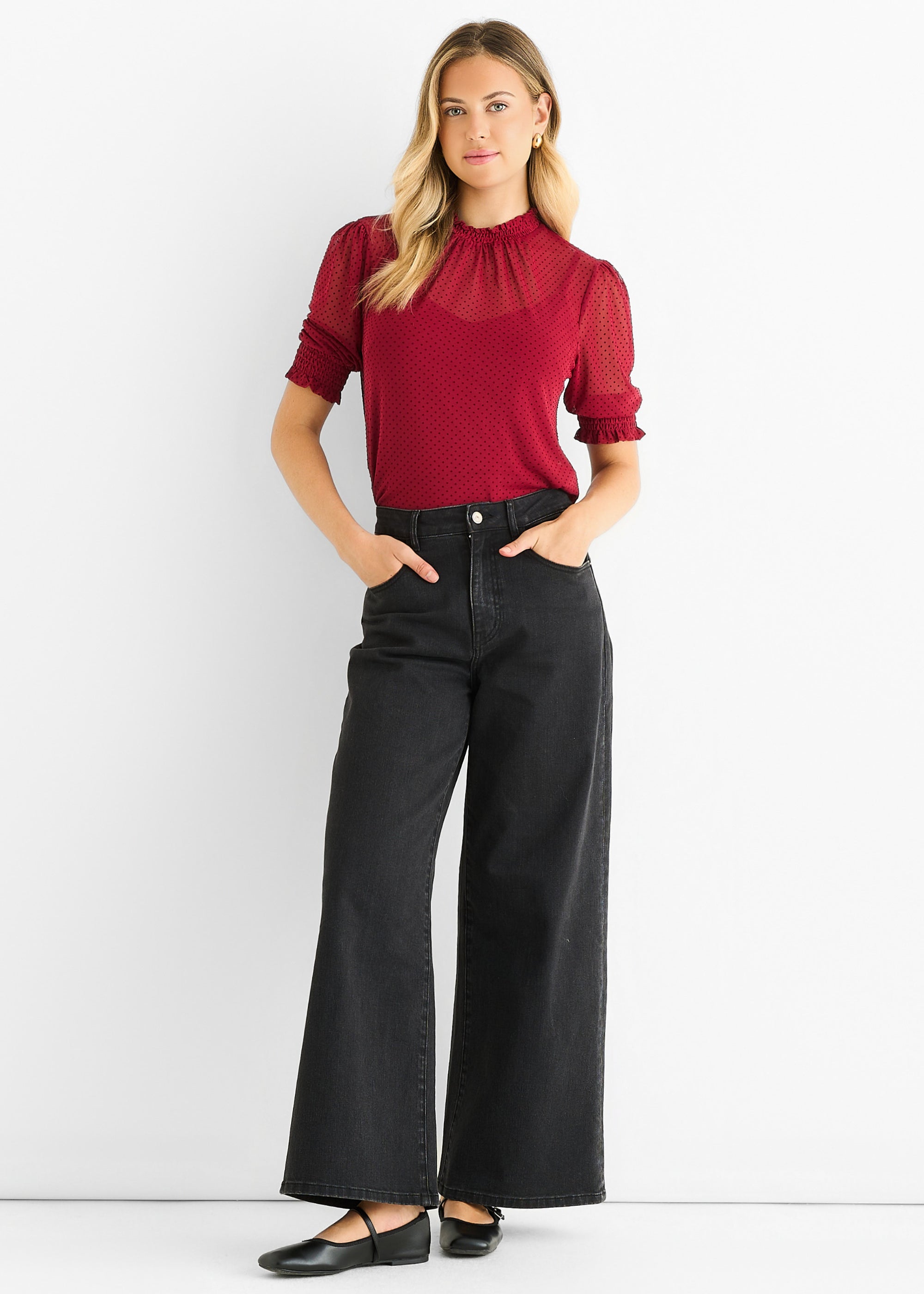 Red High Neck Lace Loose Fit Blouse