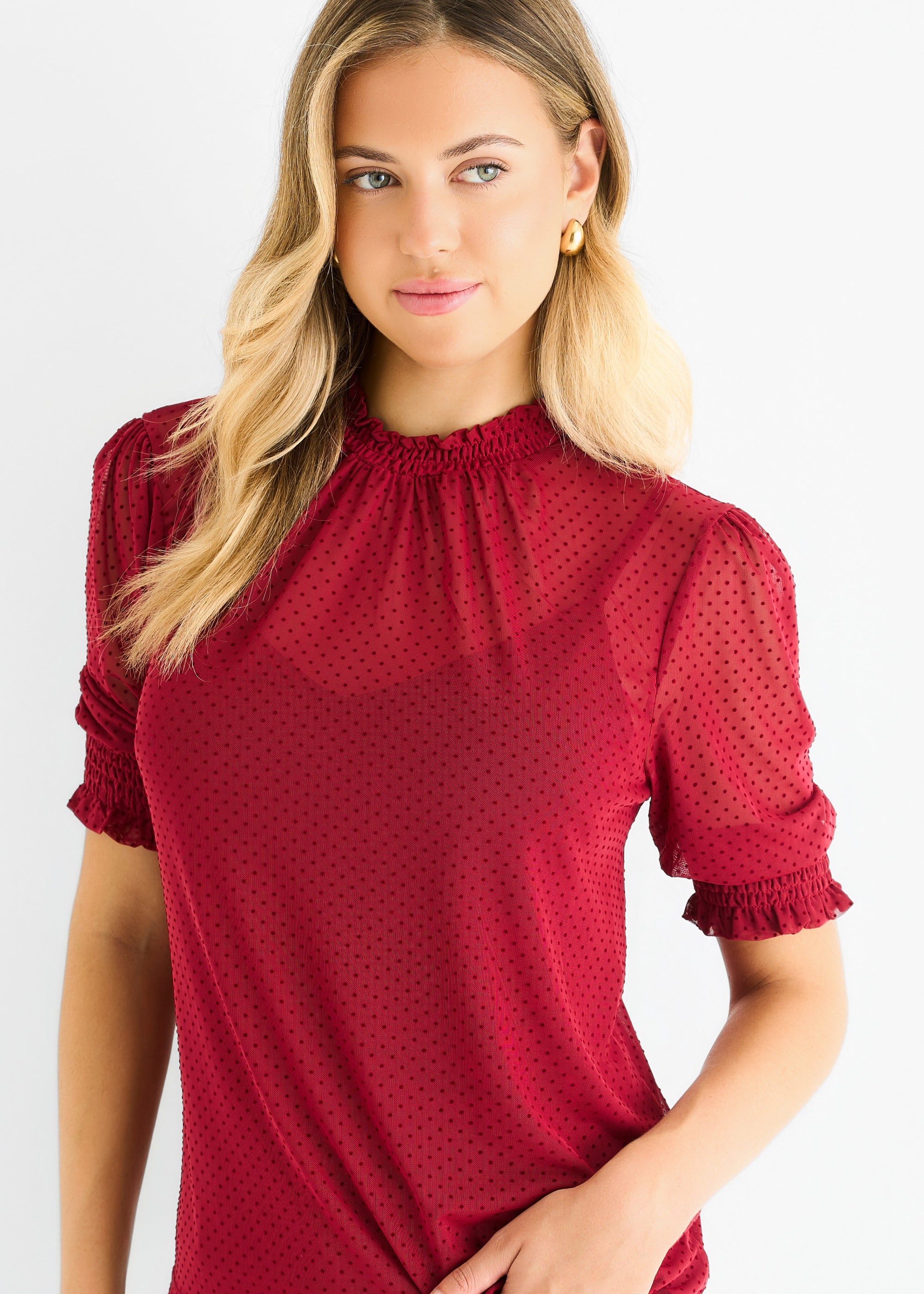 Red High Neck Lace Loose Fit Blouse