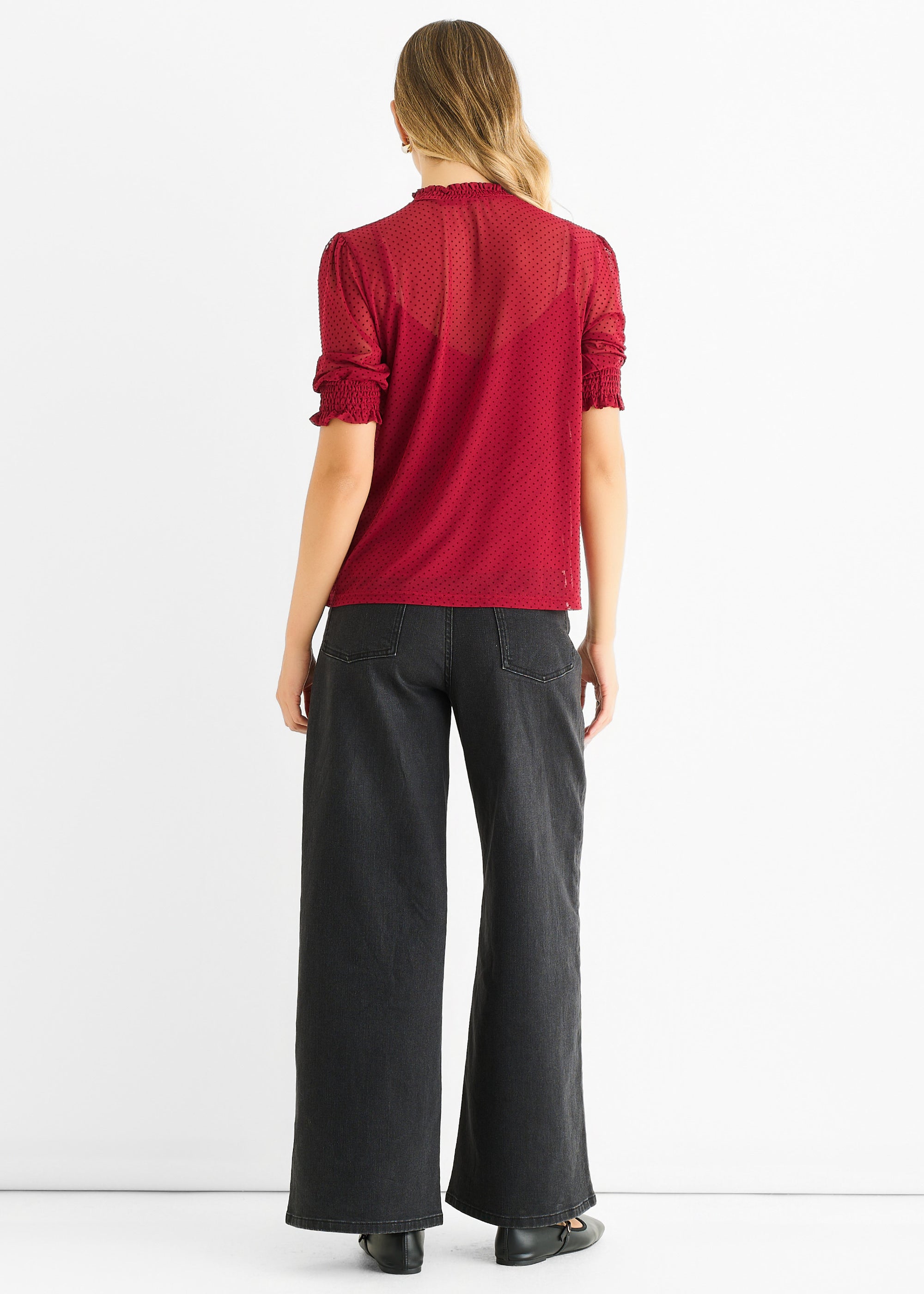 Red High Neck Lace Loose Fit Blouse