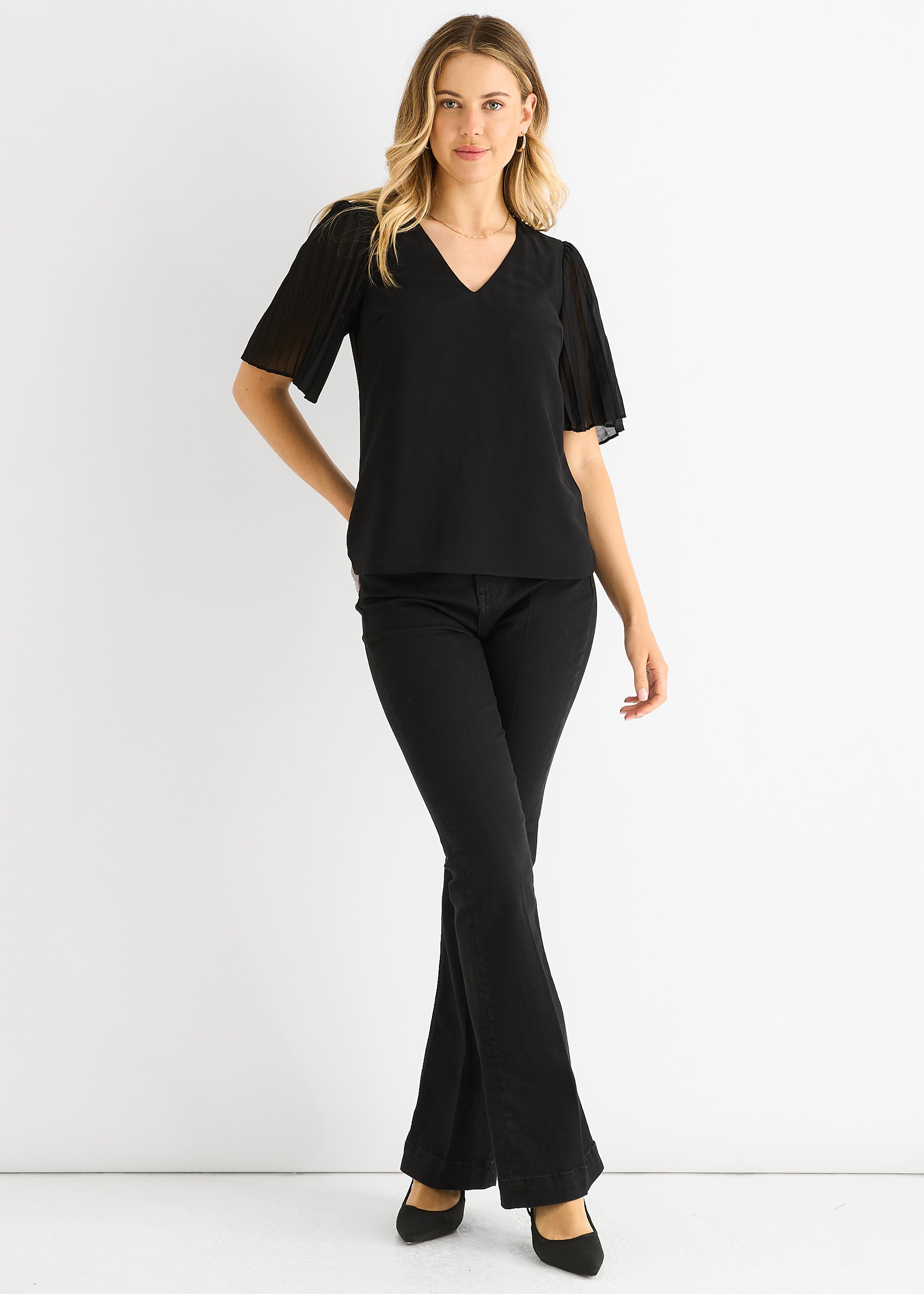 Black Chiffon Pleat Sleeves V Neck Top