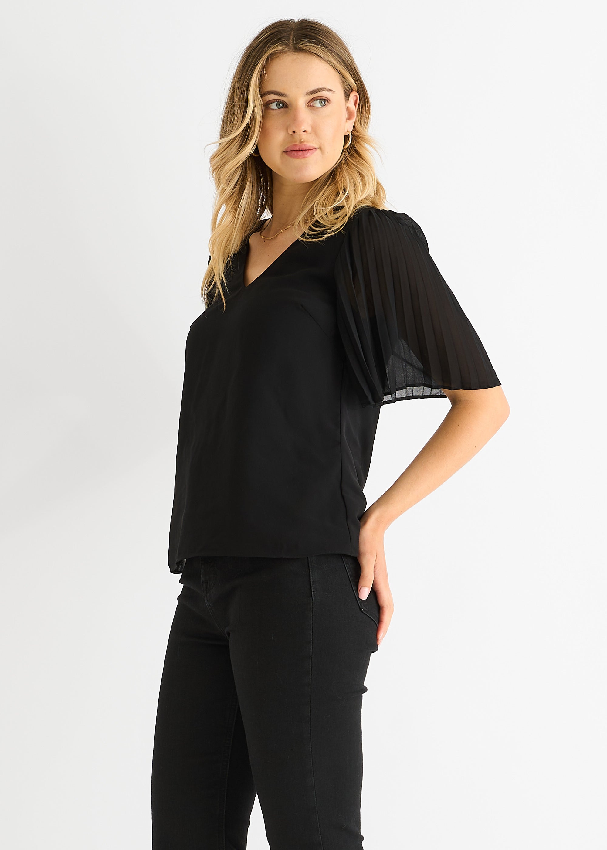 Black Chiffon Pleat Sleeves V Neck Top