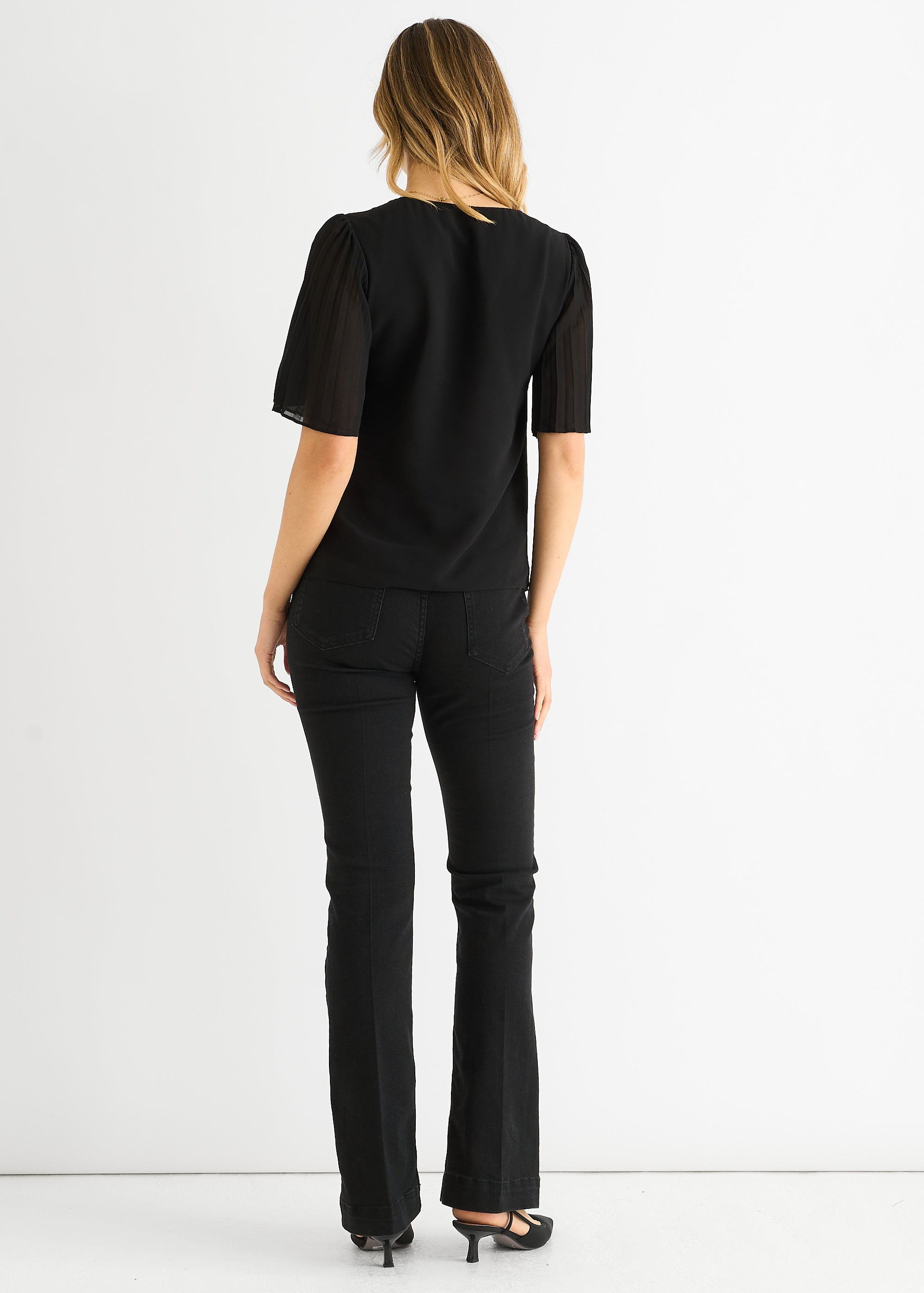 Black Chiffon Pleat Sleeves V Neck Top