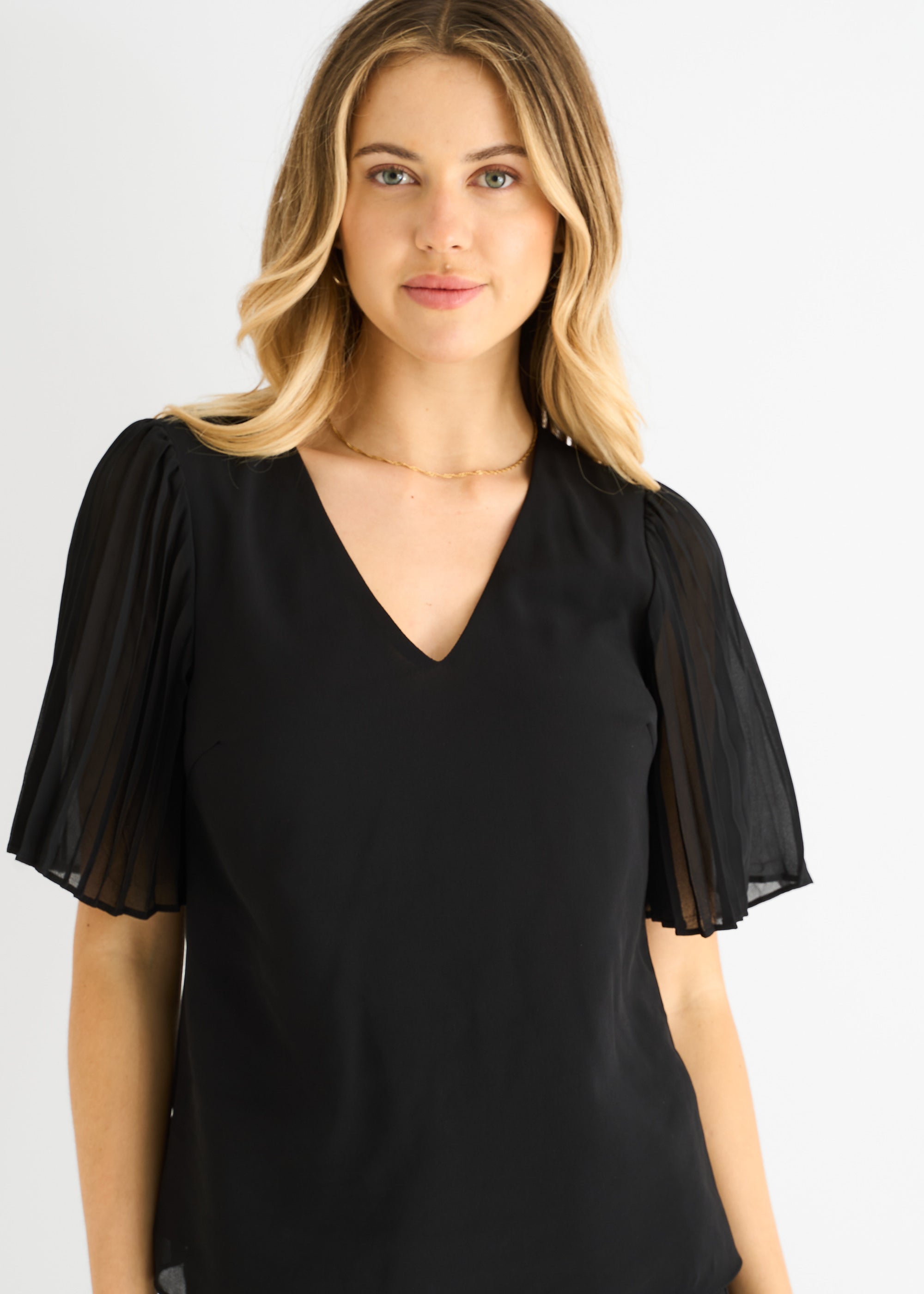 Black Chiffon Pleat Sleeves V Neck Top