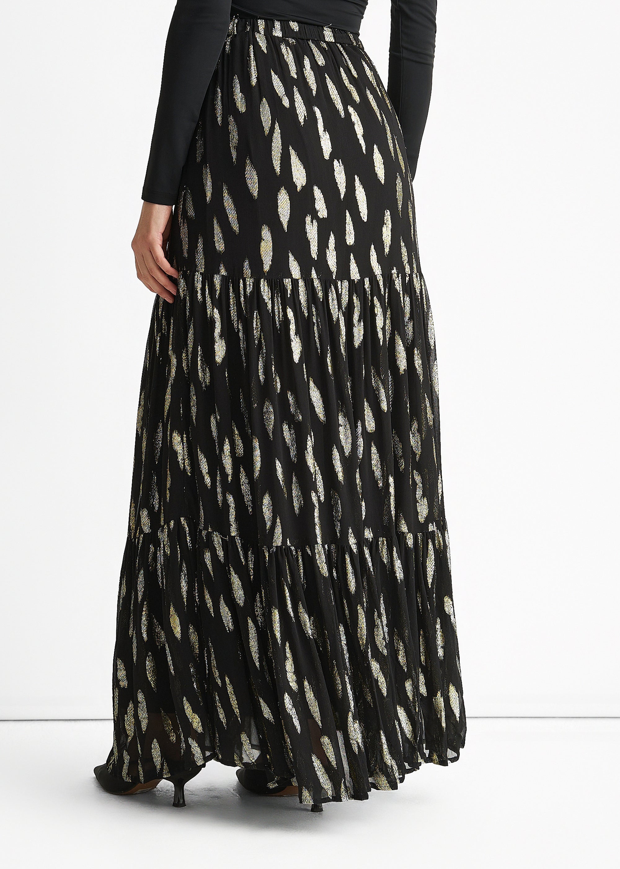 Black Clipped Jacquard Tiered Maxi Skirt