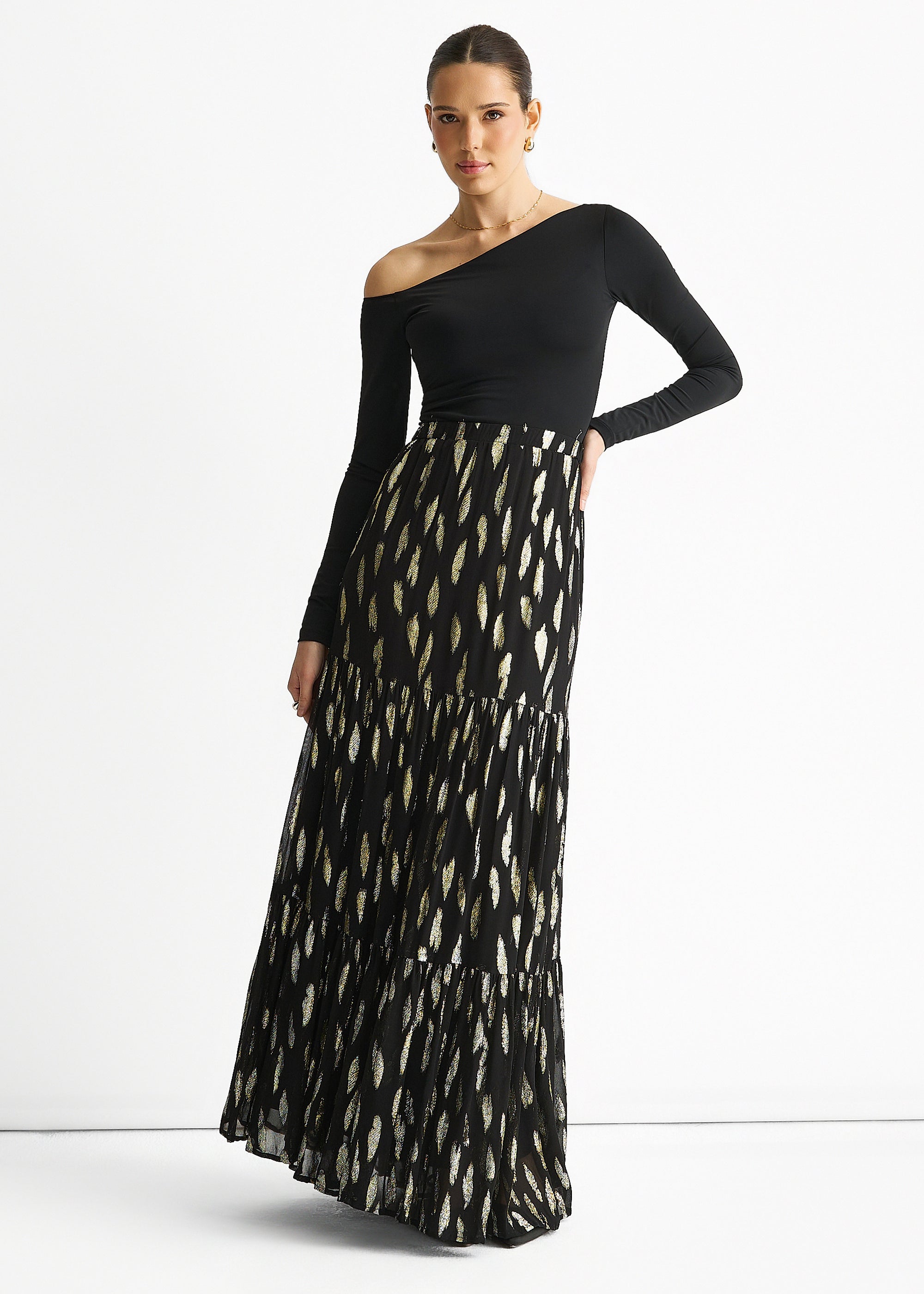Black Clipped Jacquard Tiered Maxi Skirt
